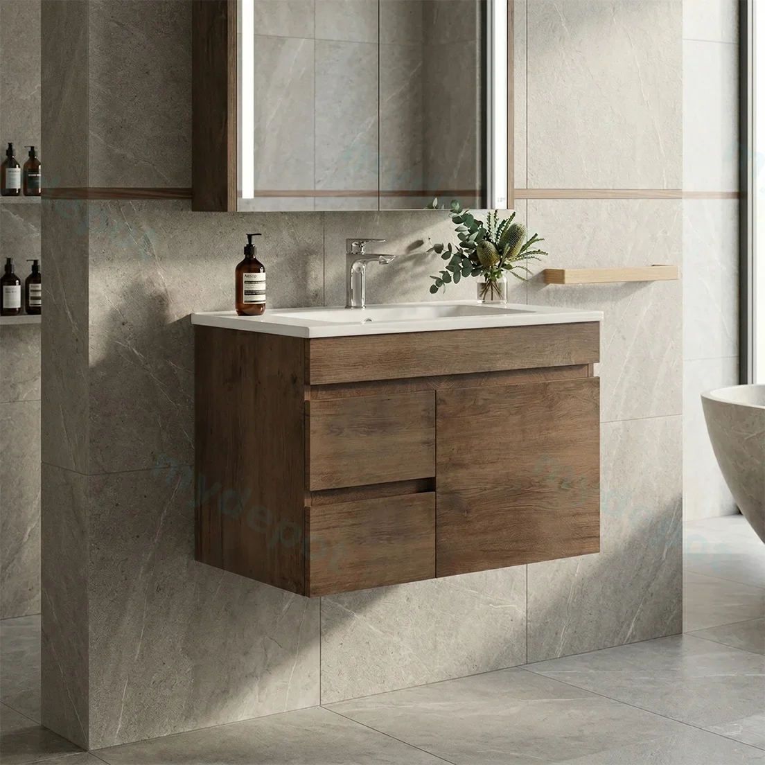 750mm Dark Oak MDF Wall Hung Bathroom Vanity Cabinet Only Left Drawer PVC Vacuum Filmed view 2