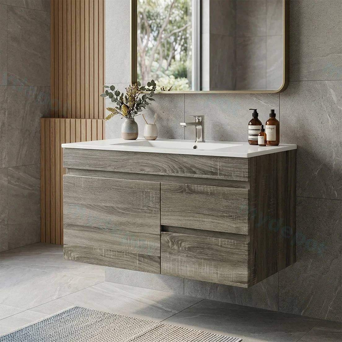 750mm Slim Dark Grey MDF Wall Hung Bathroom Vanity Cabinet Only Right Drawer PVC Vacuum Filmed view 2