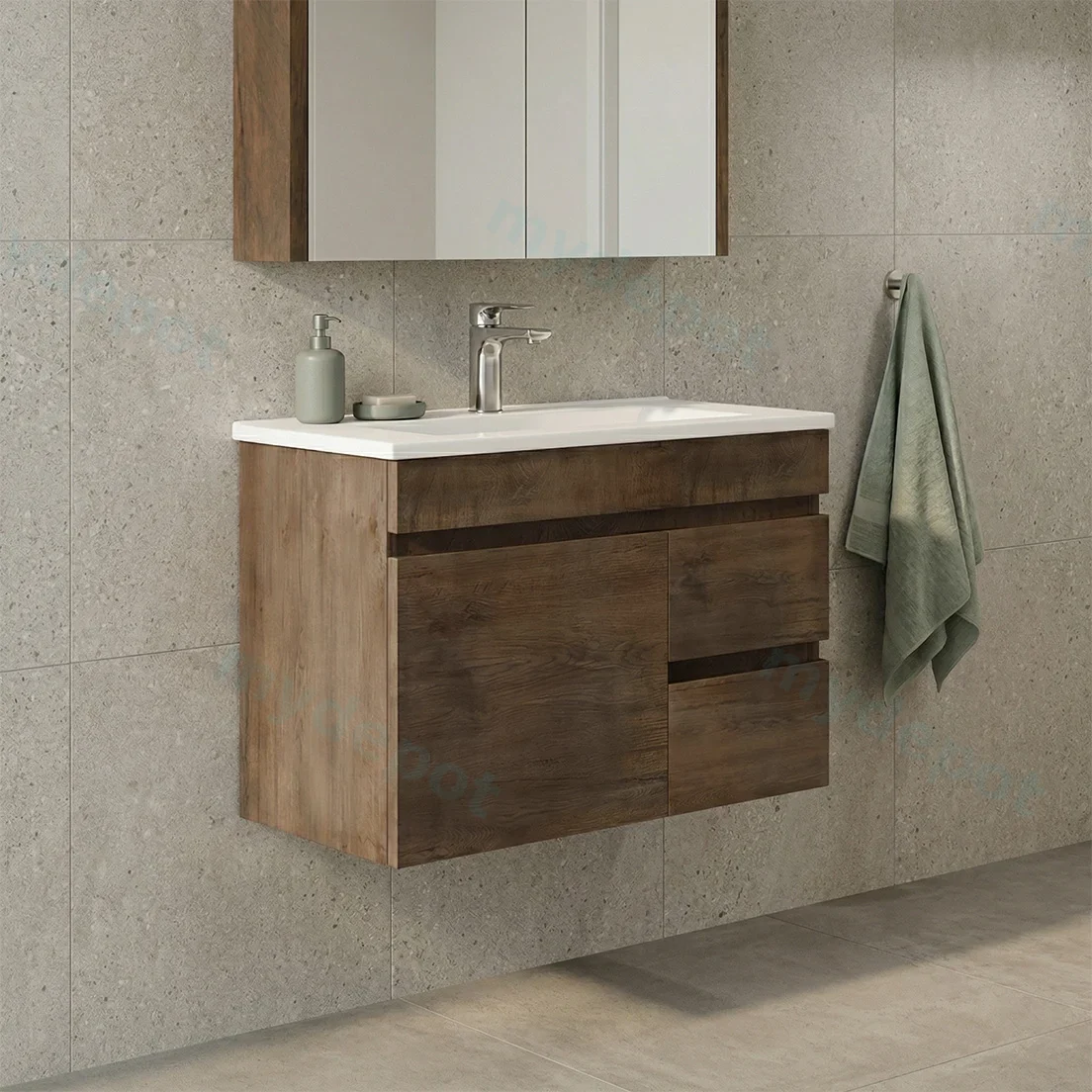 750mm Slim Dark Oak MDF Wall Hung Bathroom Vanity Cabinet Only Right Drawer PVC Vacuum Filmed view 2