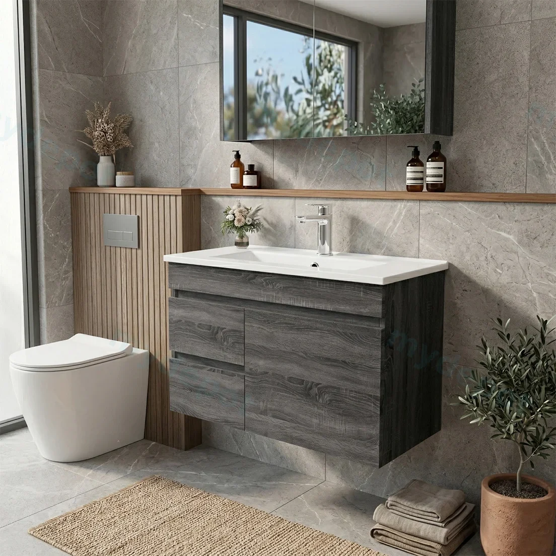 750mm Slim Dark Grey MDF Wall Hung Bathroom Vanity Cabinet Only Left Drawer PVC Vacuum Filmed view 2
