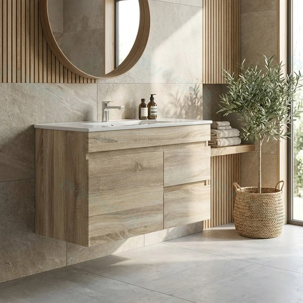 900mm White Oak MDF Wall Hung Bathroom Vanity Cabinet Only Left Drawer PVC Vacuum Filmed view 2