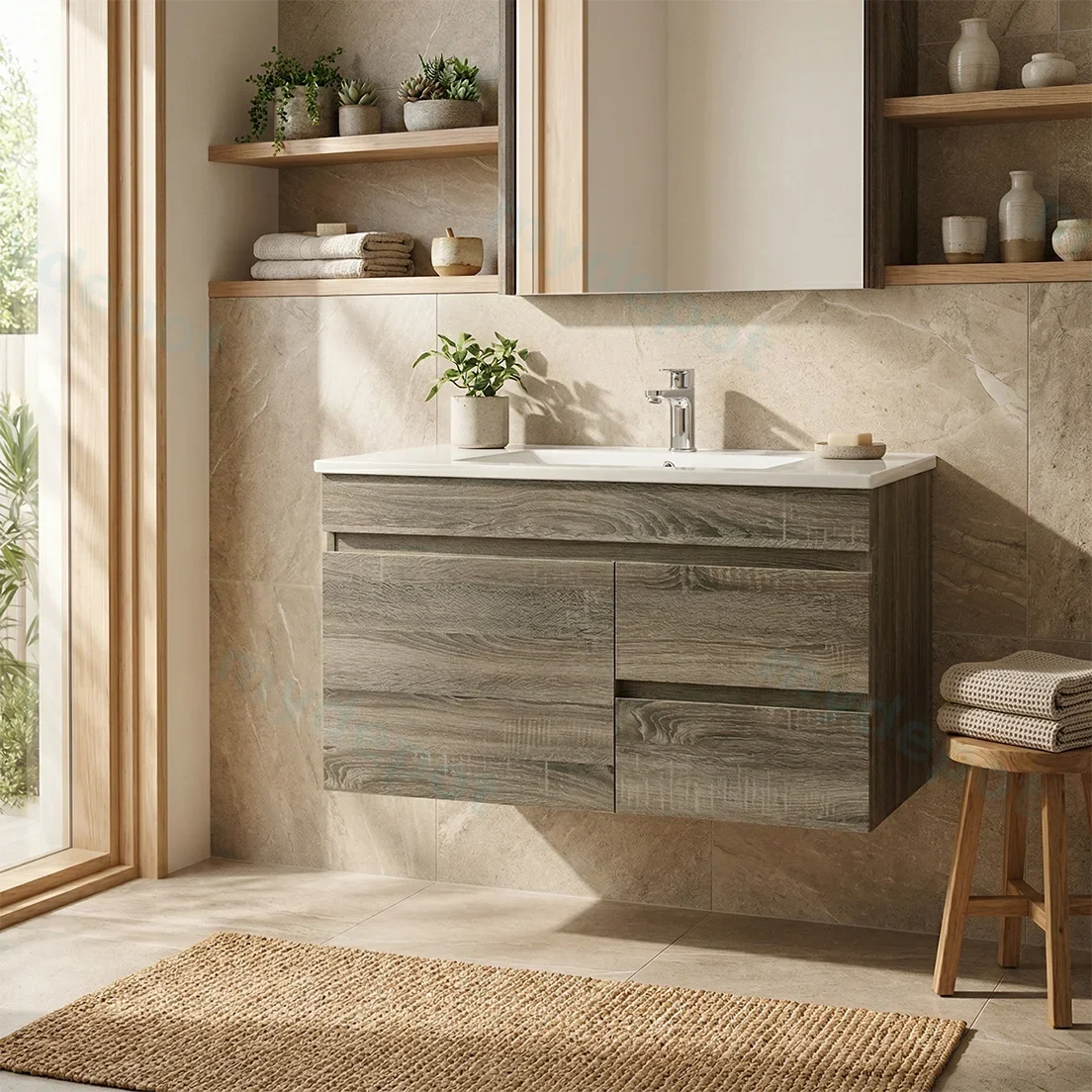 900mm Dark Grey MDF Wall Hung Bathroom Vanity Cabinet Only Left Drawer PVC Vacuum Filmed view 2