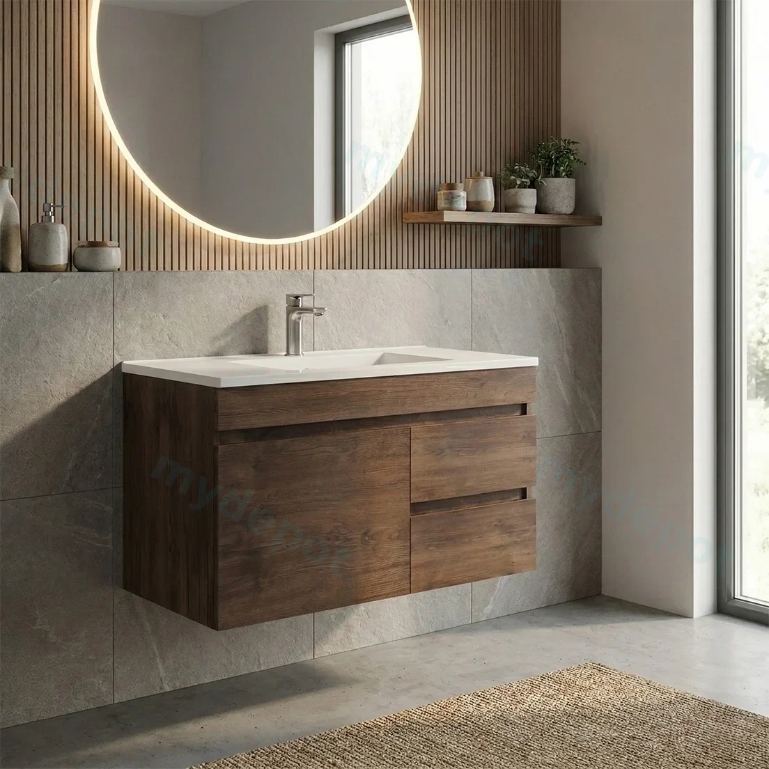 900mm Dark Oak MDF Wall Hung Bathroom Vanity Cabinet Only Left Drawer PVC Vacuum Filmed view 2