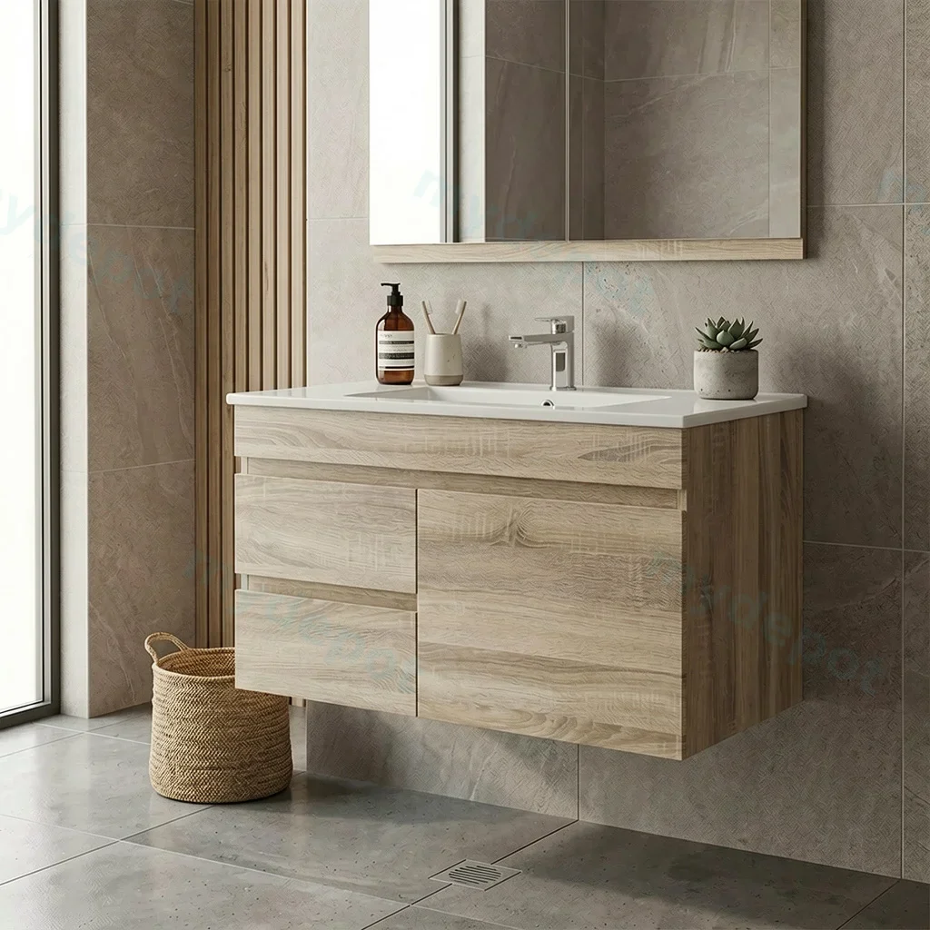 900mm White Oak MDF Wall Hung Bathroom Vanity Cabinet Only Right Drawer PVC Vacuum Filmed view 2