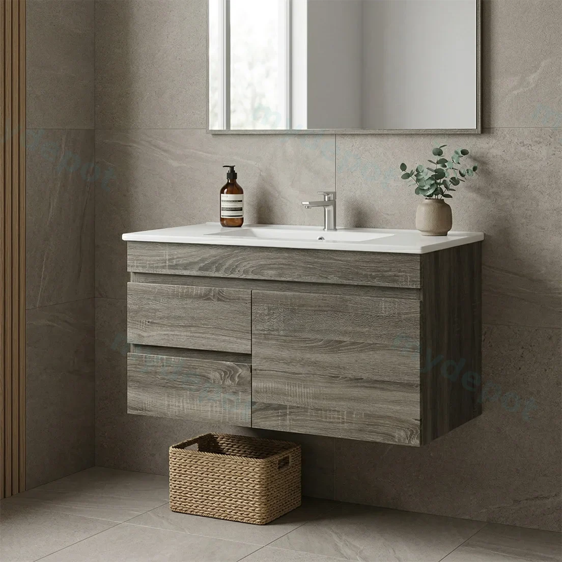 900mm Dark Grey MDF Wall Hung Bathroom Vanity Cabinet Only Right Drawer PVC Vacuum Filmed view 2