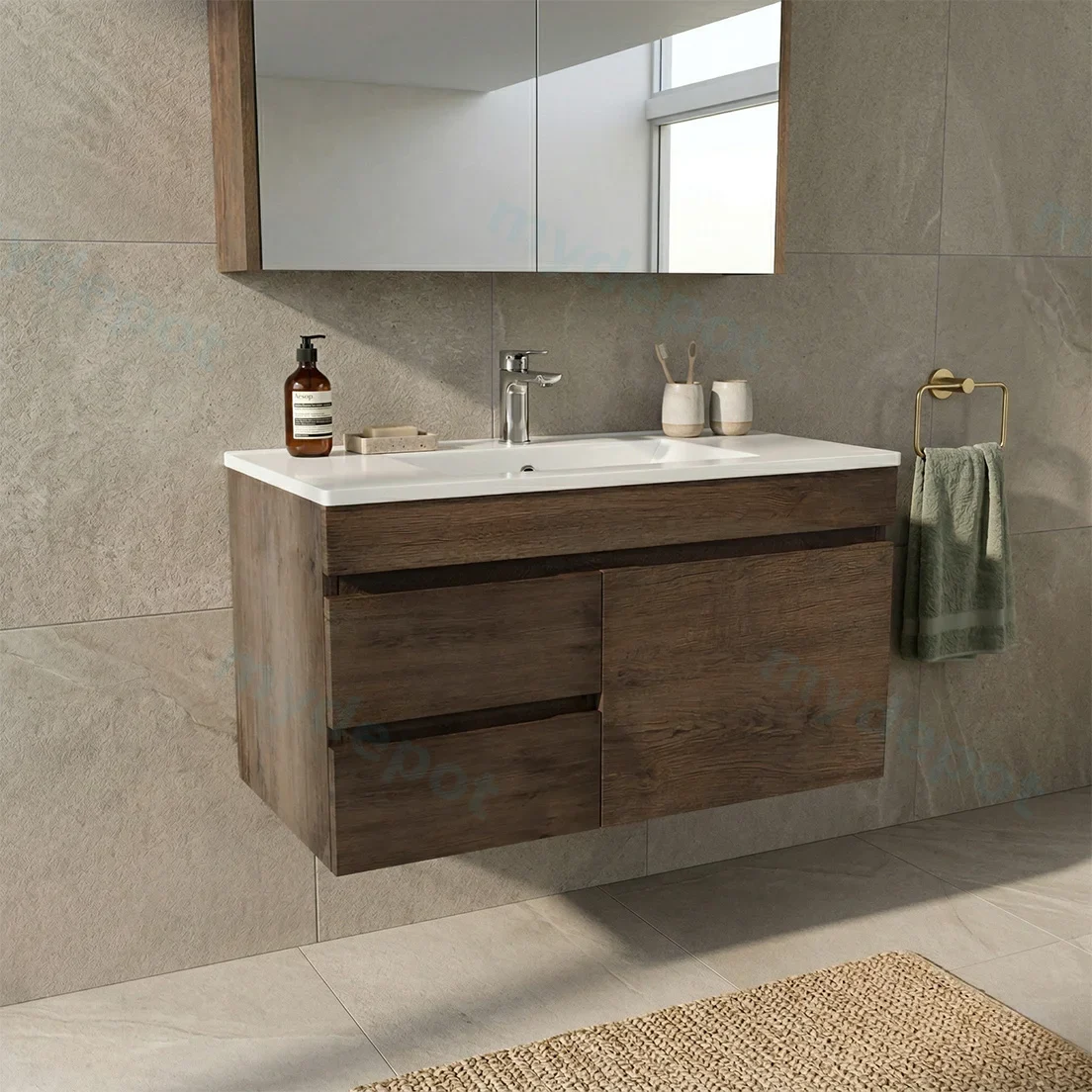 900mm Dark Oak MDF Wall Hung Bathroom Vanity Cabinet Only Right Drawer PVC Vacuum Filmed view 2