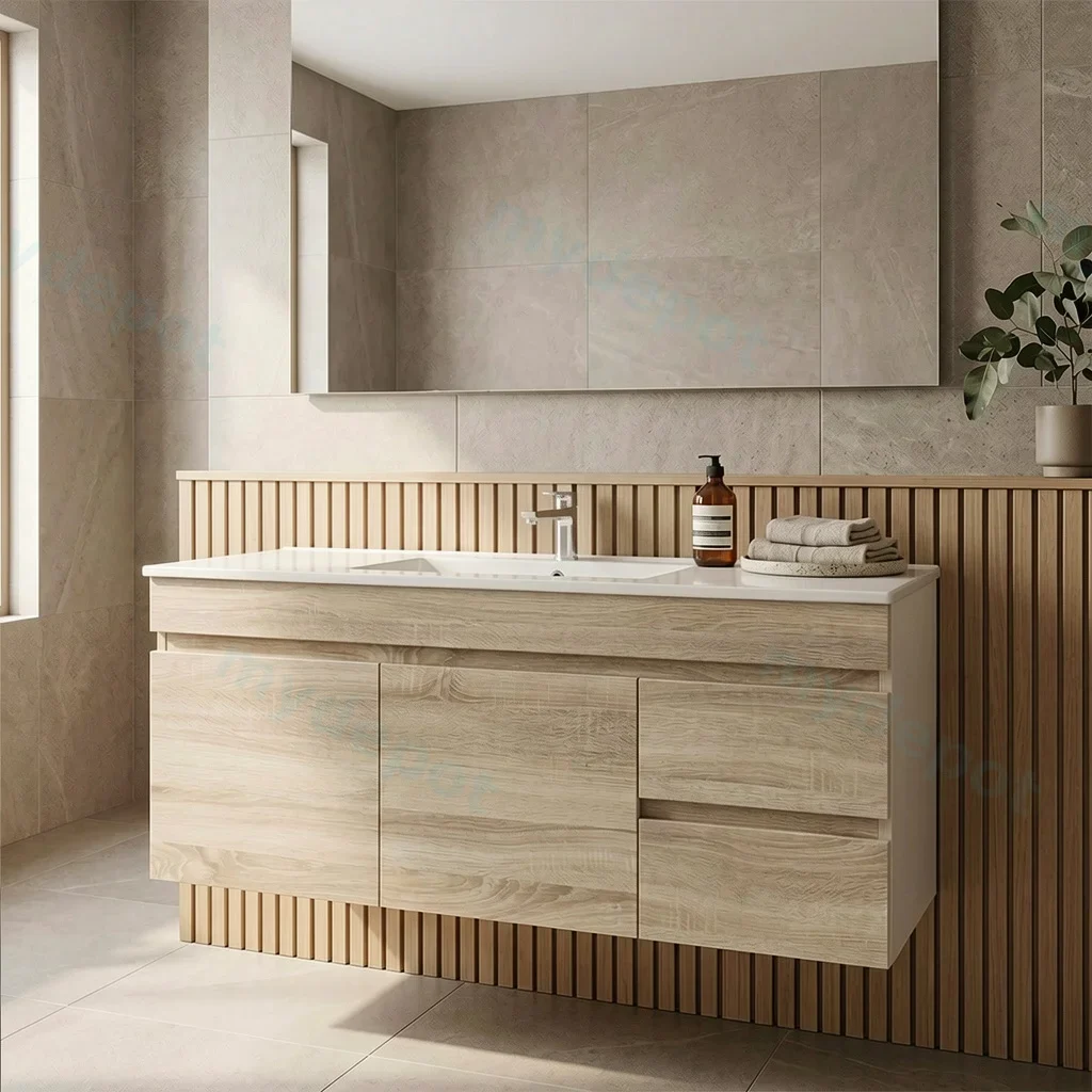 1200mm White Oak MDF Wall Hung Bathroom Vanity Cabinet Only Right Drawer PVC Vacuum Filmed view 2