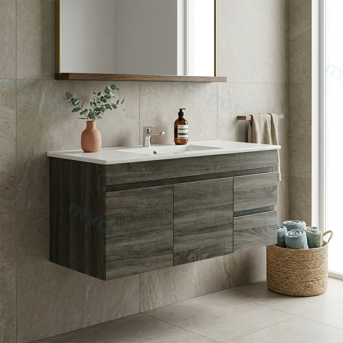 1200mm Dark Grey MDF Wall Hung Bathroom Vanity Cabinet Only Right Drawer PVC Vacuum Filmed view 2