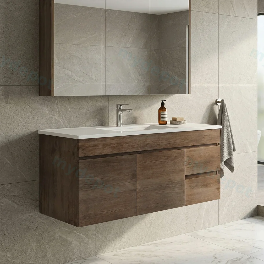1200mm Dark Oak MDF Wall Hung Bathroom Vanity Cabinet Only Right Drawer PVC Vacuum Filmed view 2