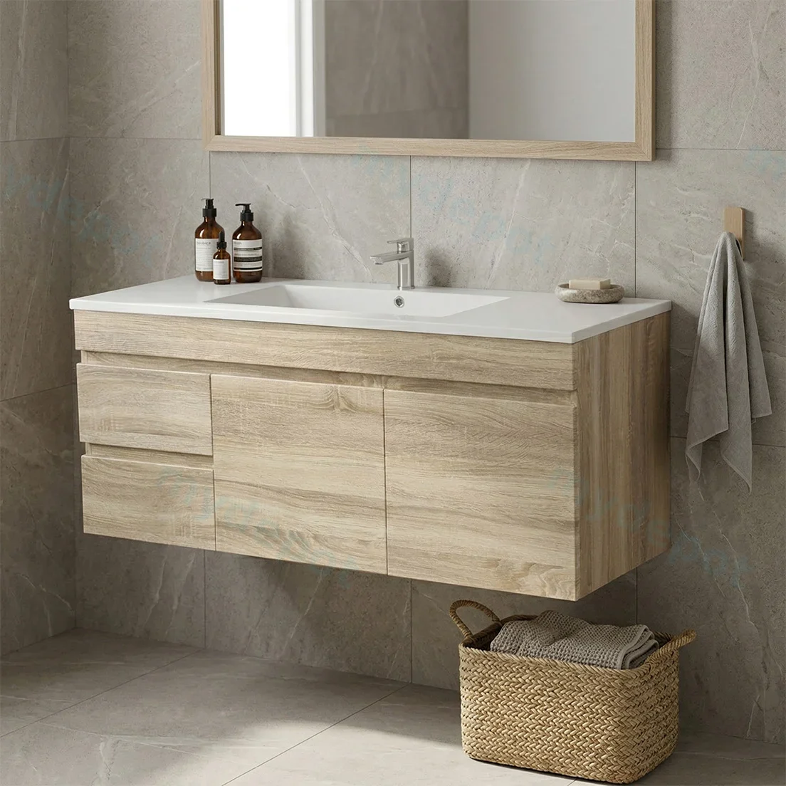 1200mm White Oak MDF Wall Hung Bathroom Vanity Cabinet Only Left Drawer PVC Vacuum Filmed view 2