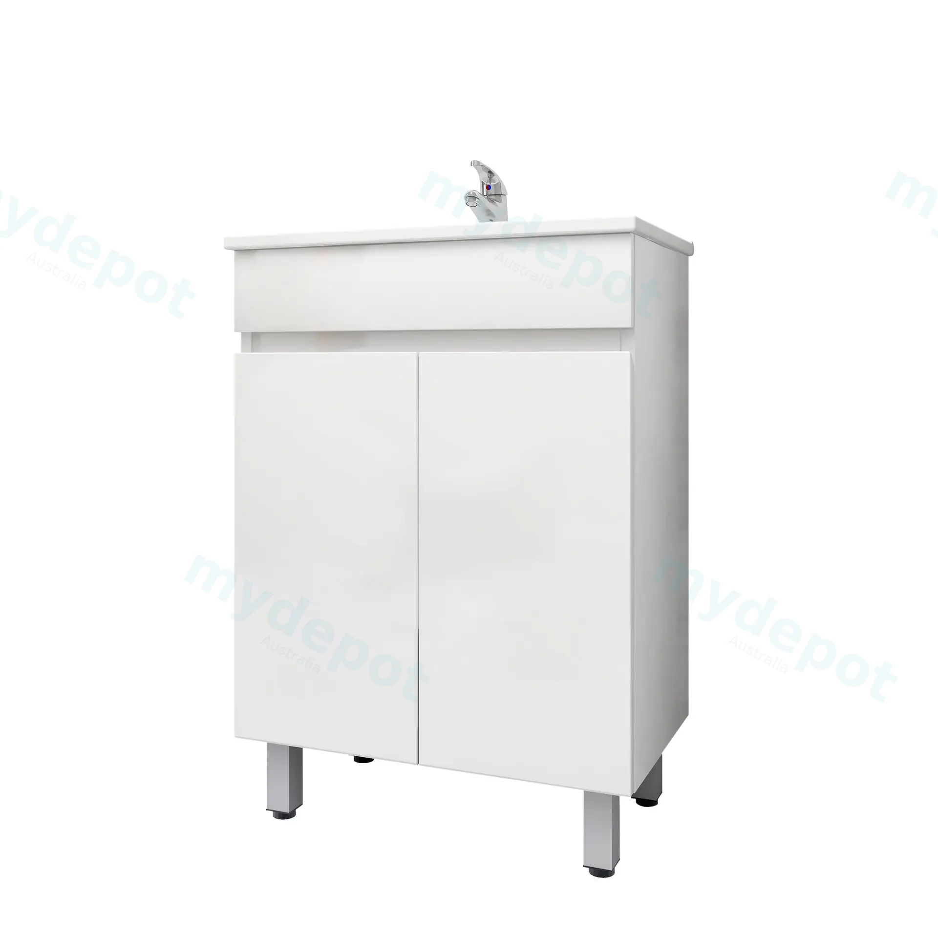 600mm Slim Freestanding Bathroom Vanity Cabinet Only with Legs PVC 2 Door Gloss White view 3