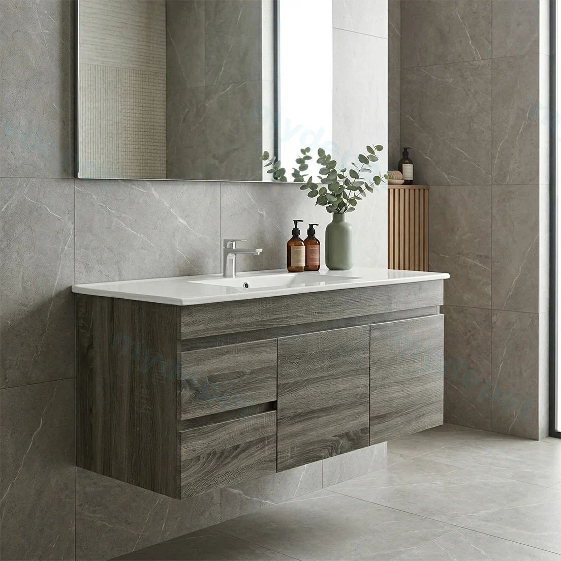 1200mm Dark Grey MDF Wall Hung Bathroom Vanity Cabinet Only Left Drawer PVC Vacuum Filmed view 2