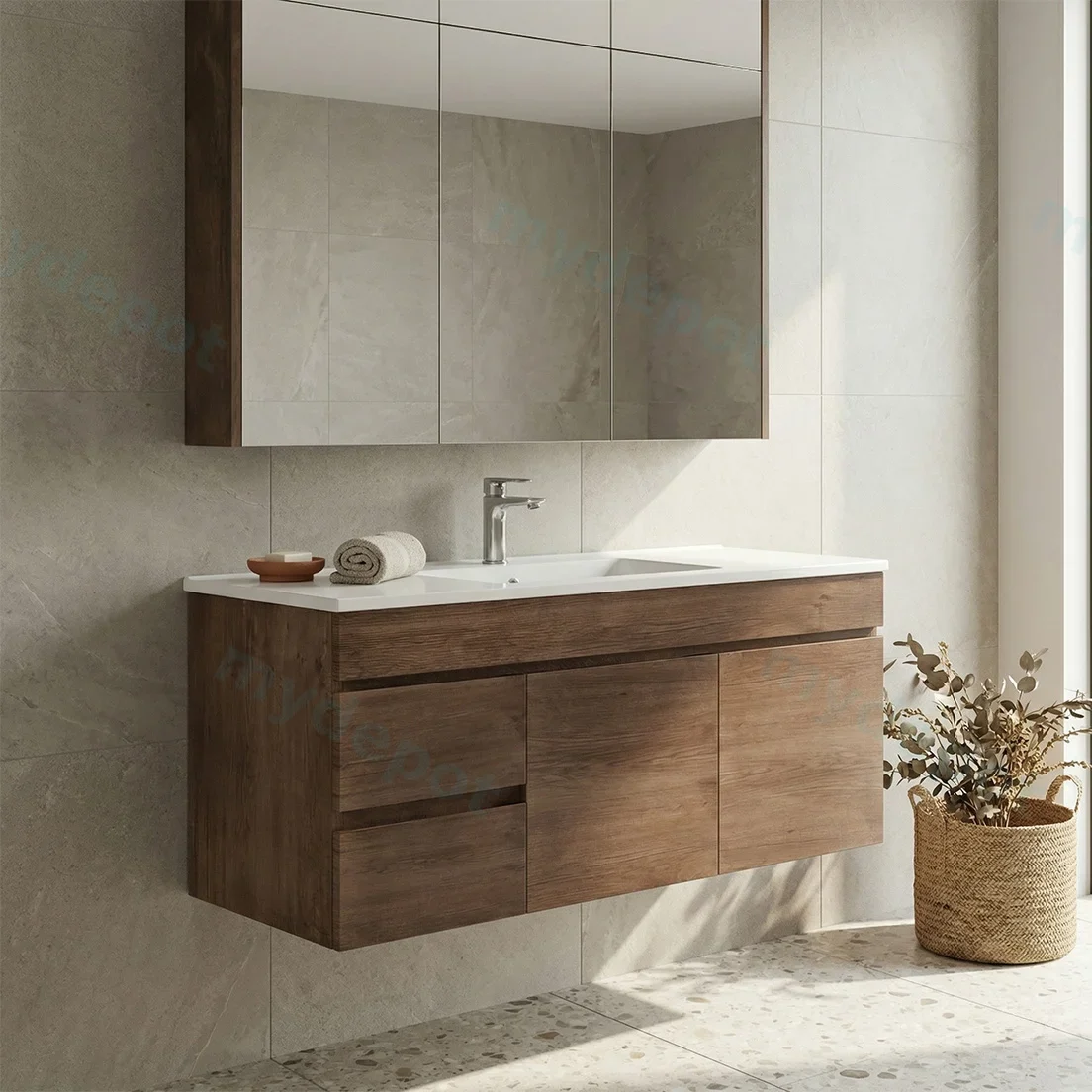 1200mm Dark Oak MDF Wall Hung Bathroom Vanity Cabinet Only Left Drawer PVC Vacuum Filmed view 2