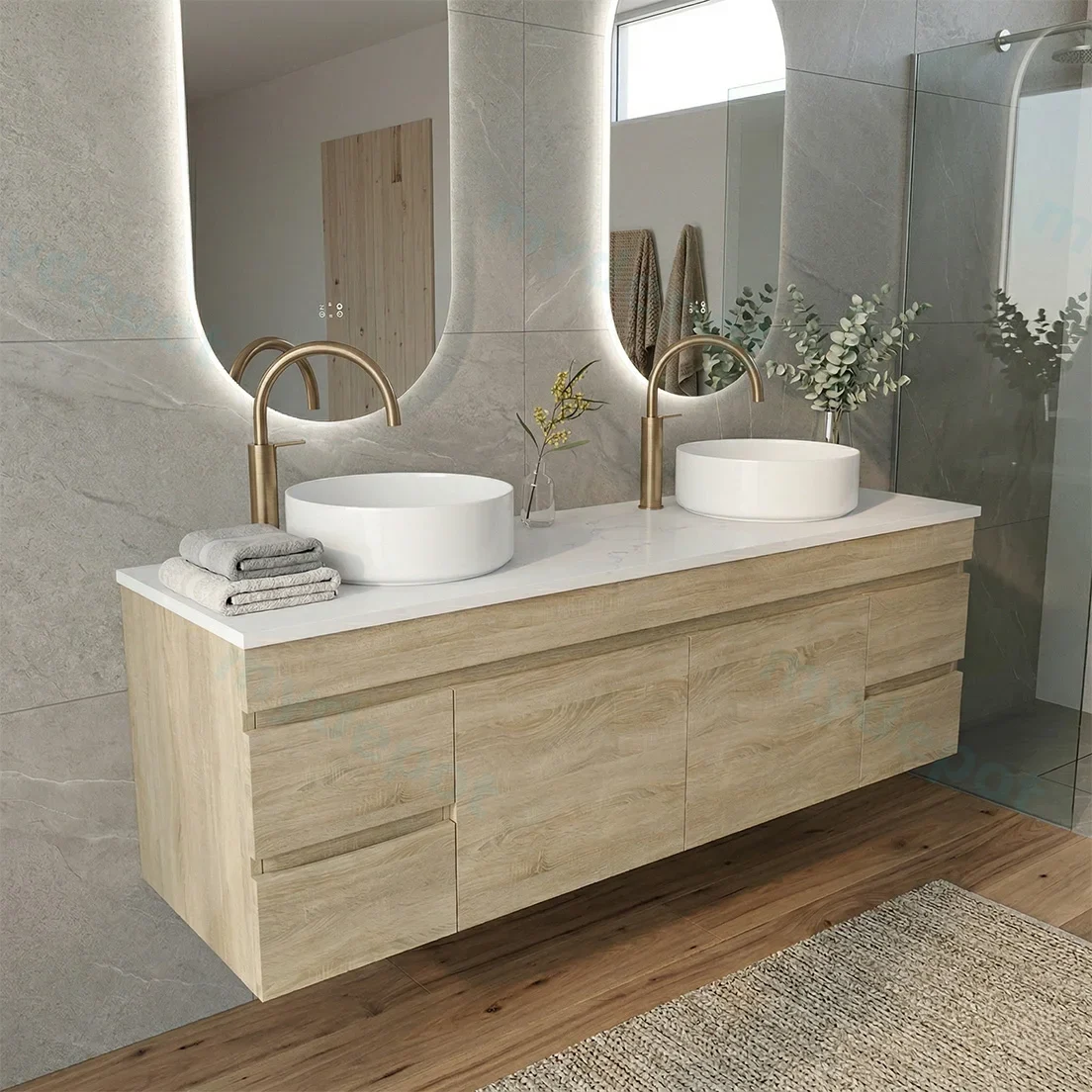 1500mm White Oak MDF Wall Hung Bathroom Vanity Cabinet Only PVC Vacuum Filmed view 2