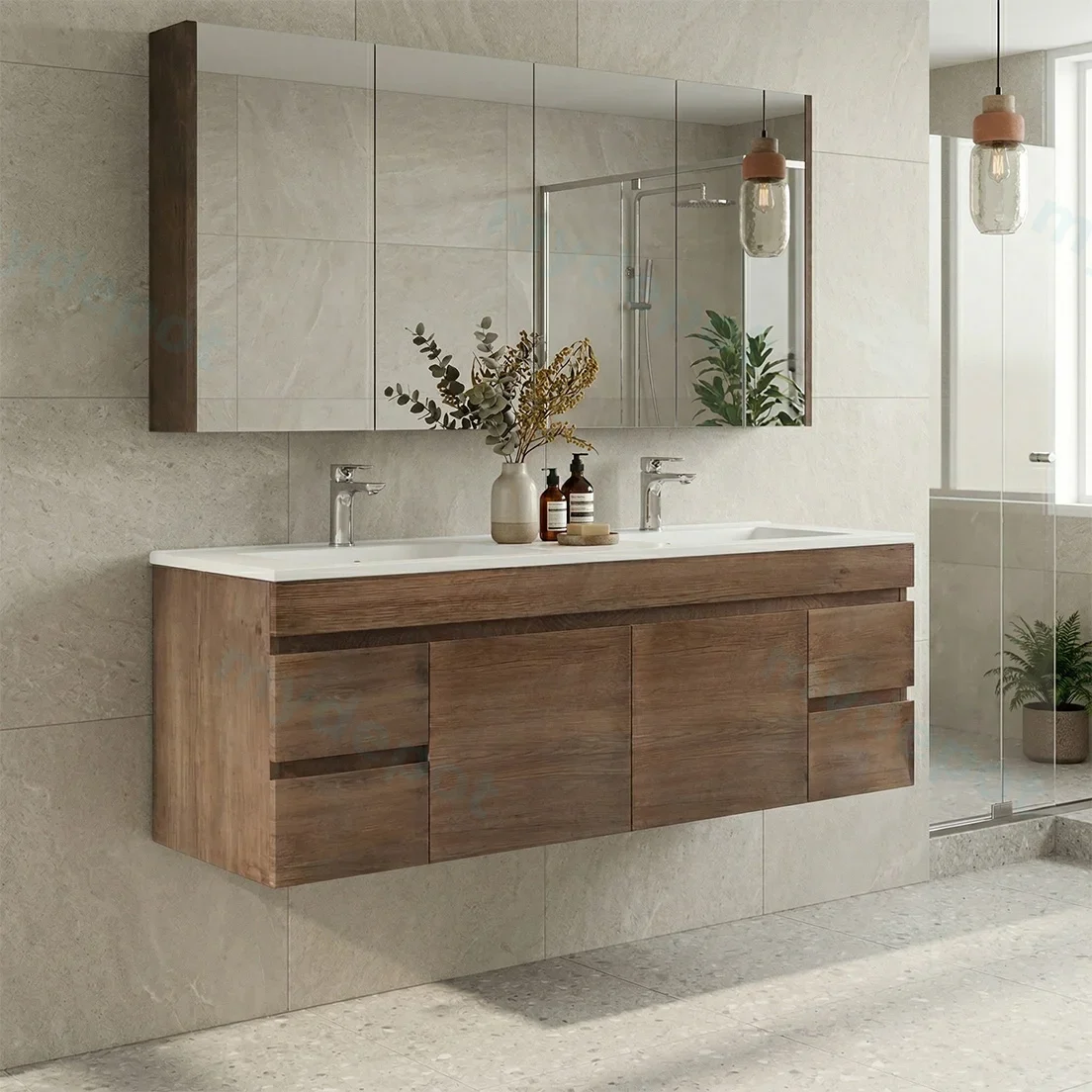 1500mm Dark Oak MDF Wall Hung Bathroom Vanity Cabinet Only PVC Vacuum Filmed view 2