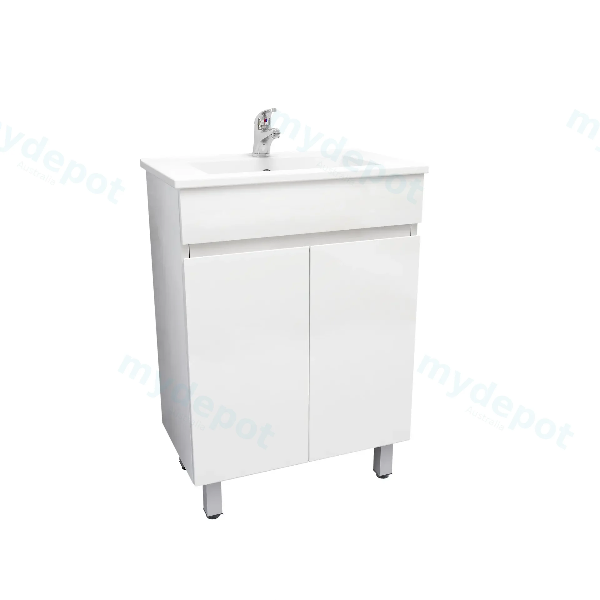 600mm Slim Freestanding Bathroom Vanity Cabinet Only with Legs PVC 2 Door Gloss White view 4