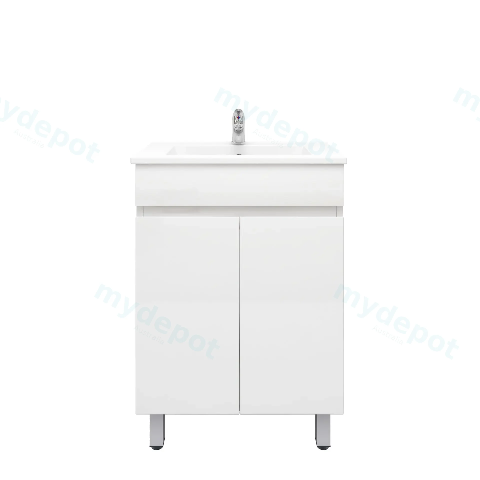 600mm Slim Freestanding Bathroom Vanity Cabinet Only with Legs PVC 2 Door Gloss White view 2