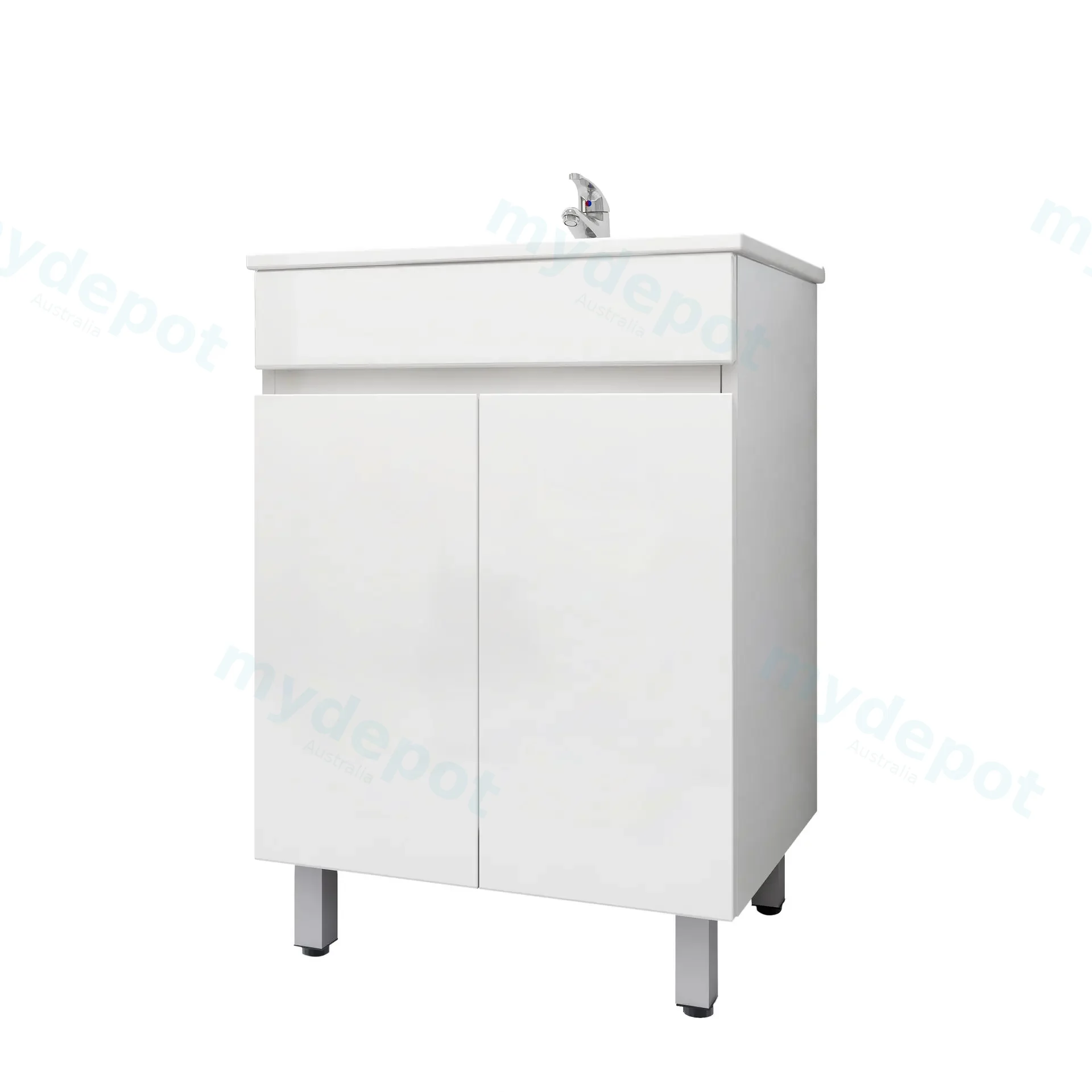 600mm Freestanding Bathroom Vanity Cabinet Only with Legs PVC 2 Door Gloss White view 2