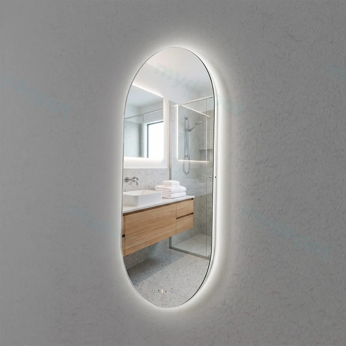 450(W)*900mm(H) Ellips LED Back Lit Mirror Pencil Edge view 2