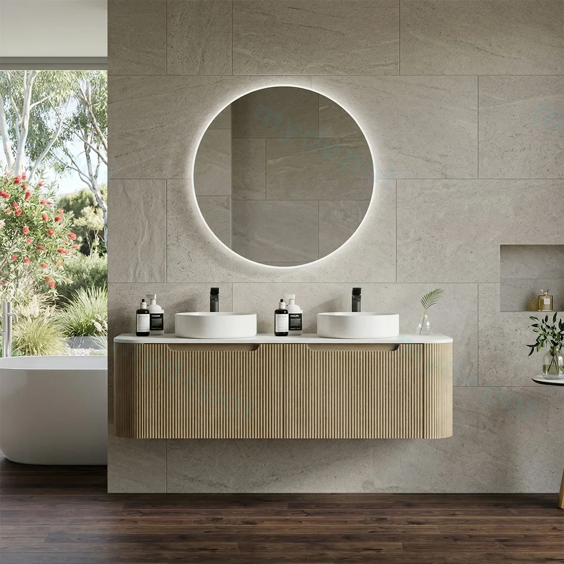 1500*460*400mm Bur Oak Round Edge Grooved Wall Hung Vanity Cabinet Only Soft Closed Double Drawer view 2