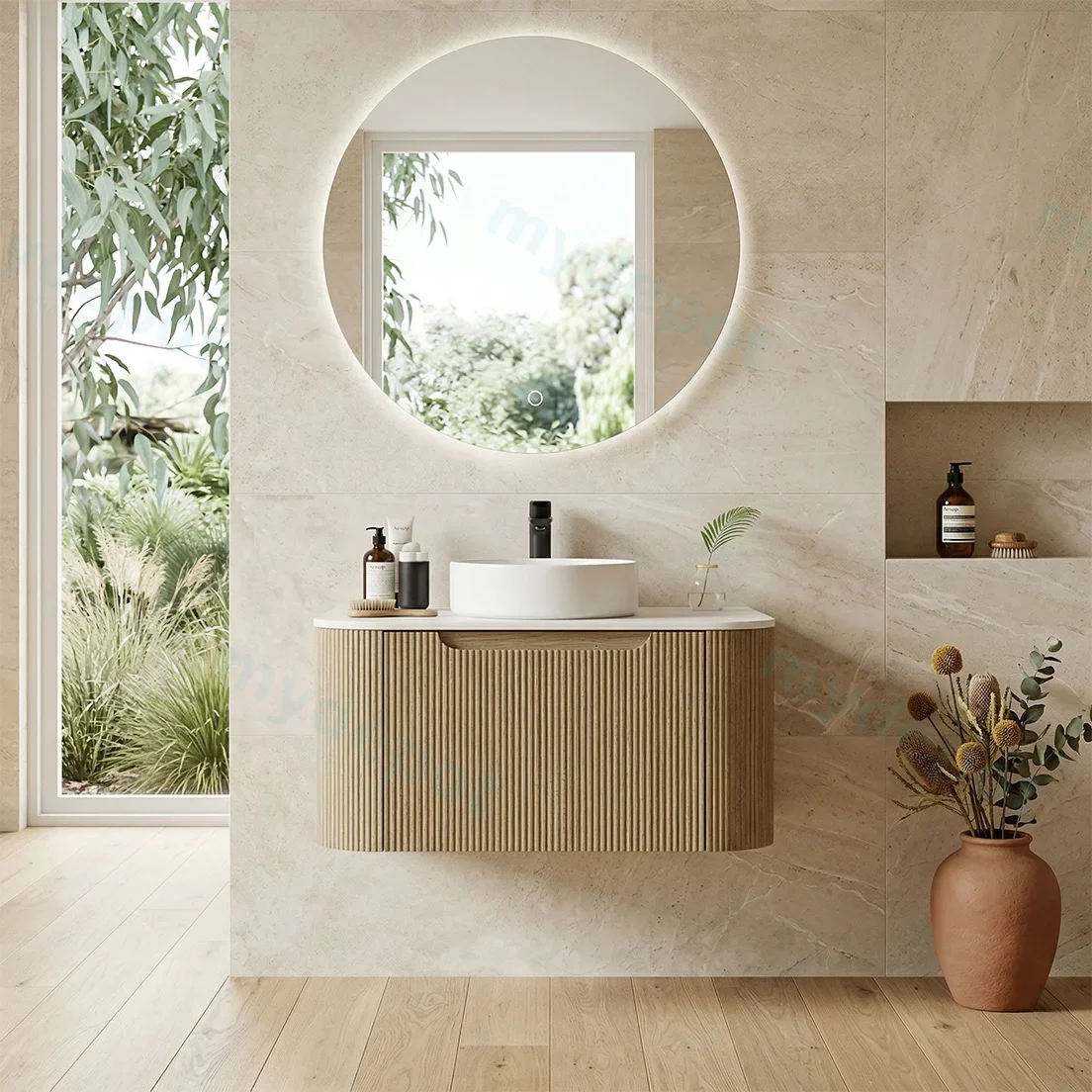 700*460*400mm Bur Oak Round Edge Grooved Wall Hung Vanity Cabinet Only Soft Closed Single Drawer view 2