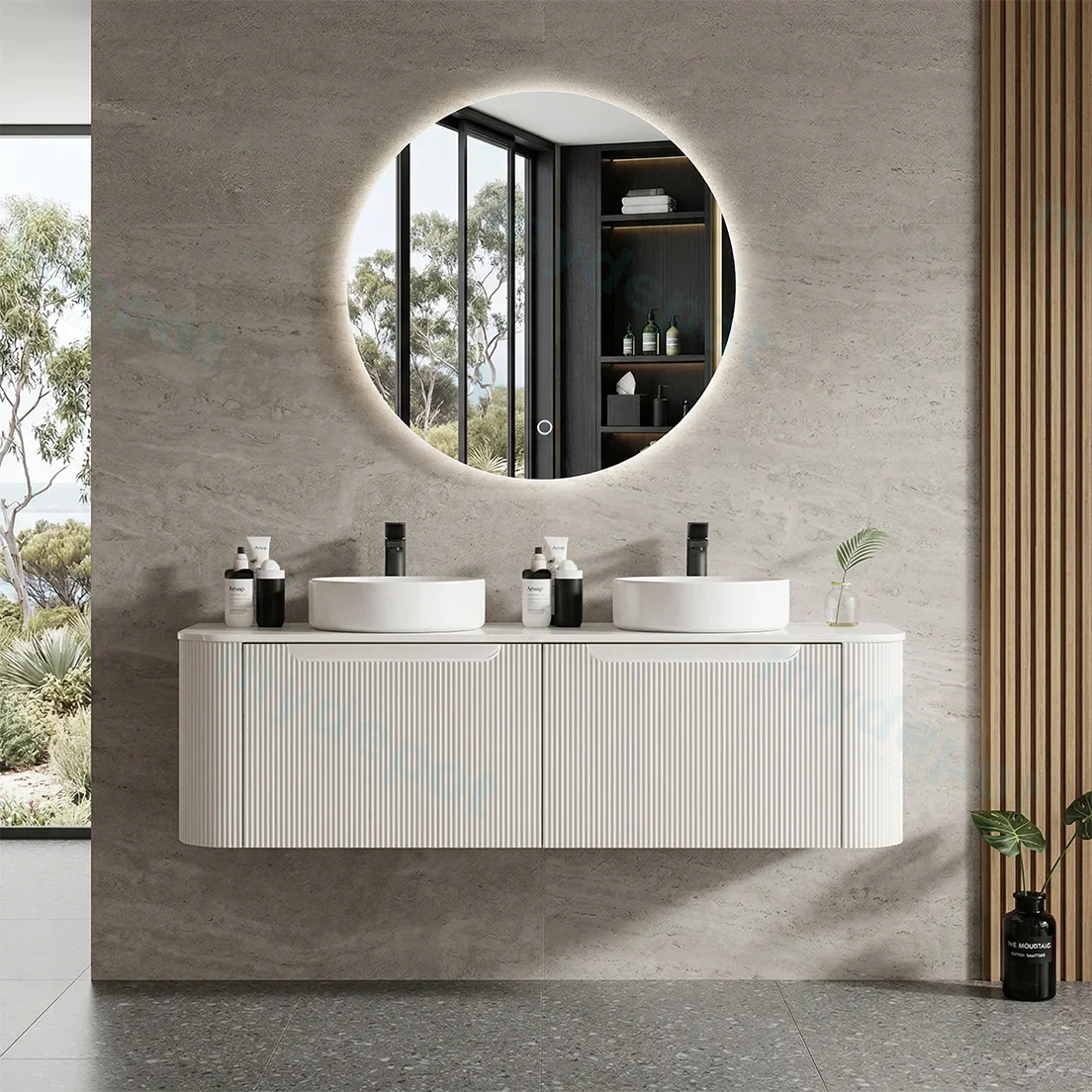 1500*460*400mm Matt White Round Edge Grooved Wall Hung Vanity Cabinet Only Soft Closed Double Drawer view 2