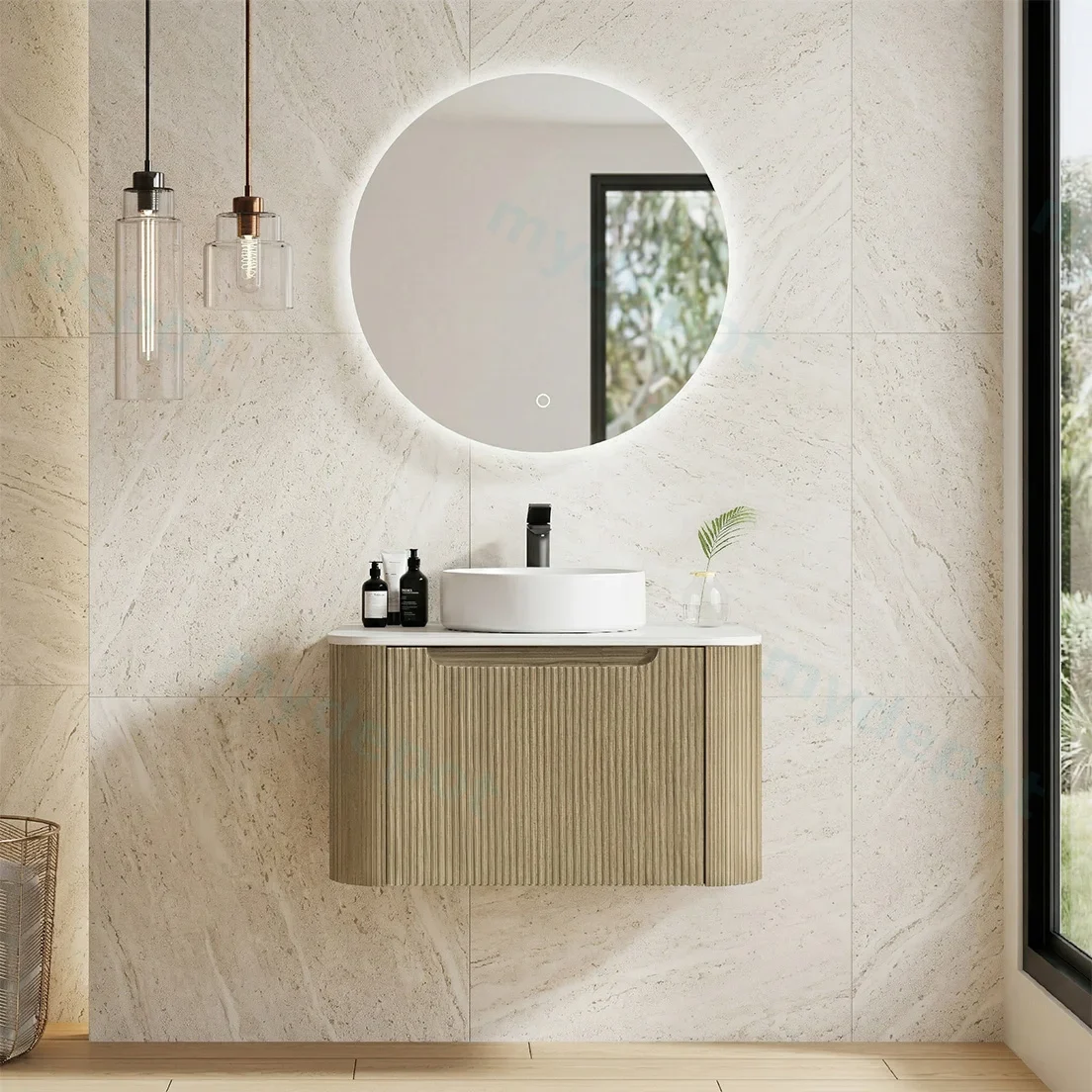 600*460*400mm Bur Oak Round Edge Grooved Wall Hung Vanity Cabinet Only Soft Closed Single Drawer view 2