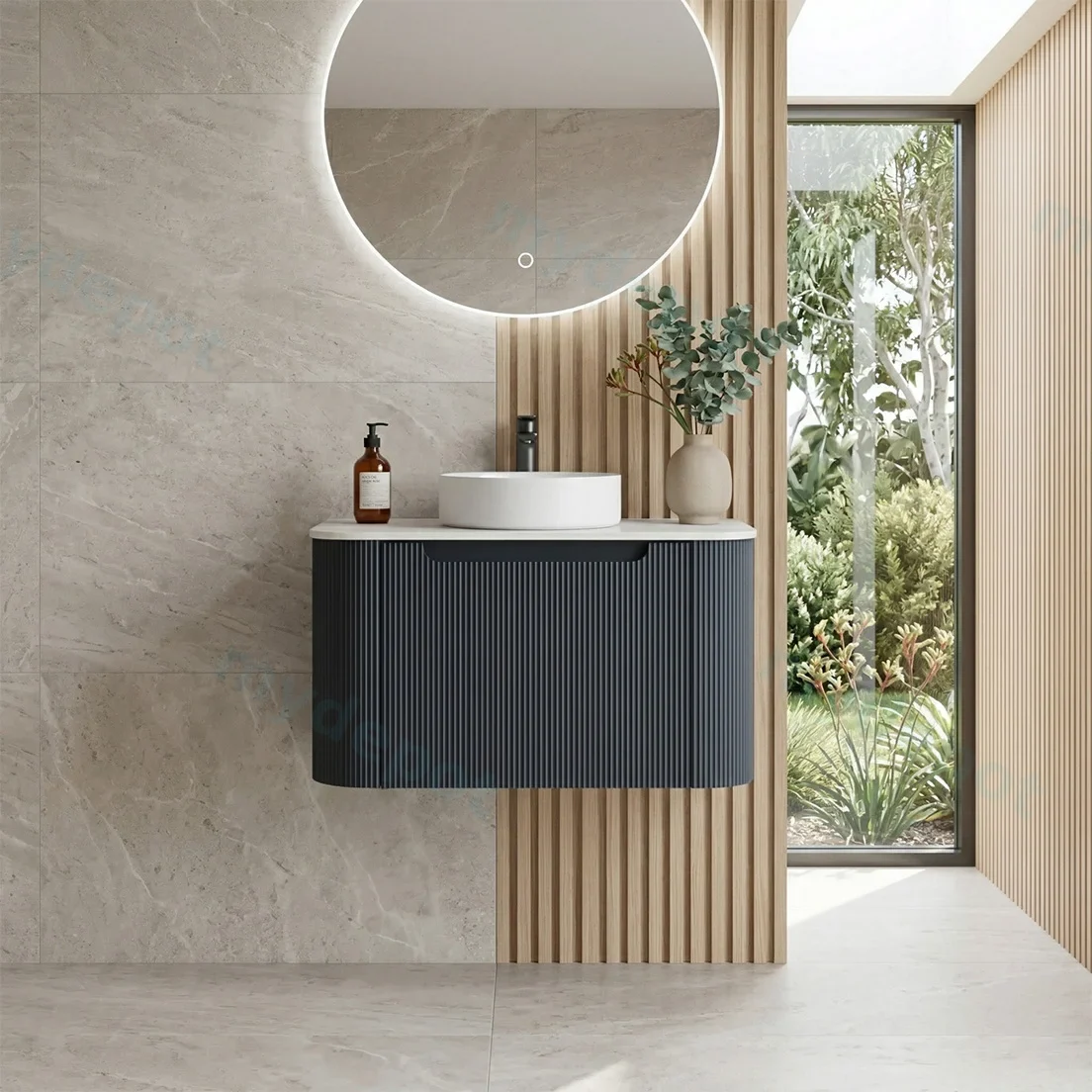 600*460*400mm Matt Black Round Edge Grooved Wall Hung Vanity Cabinet Only Soft Closed Single Drawer view 2
