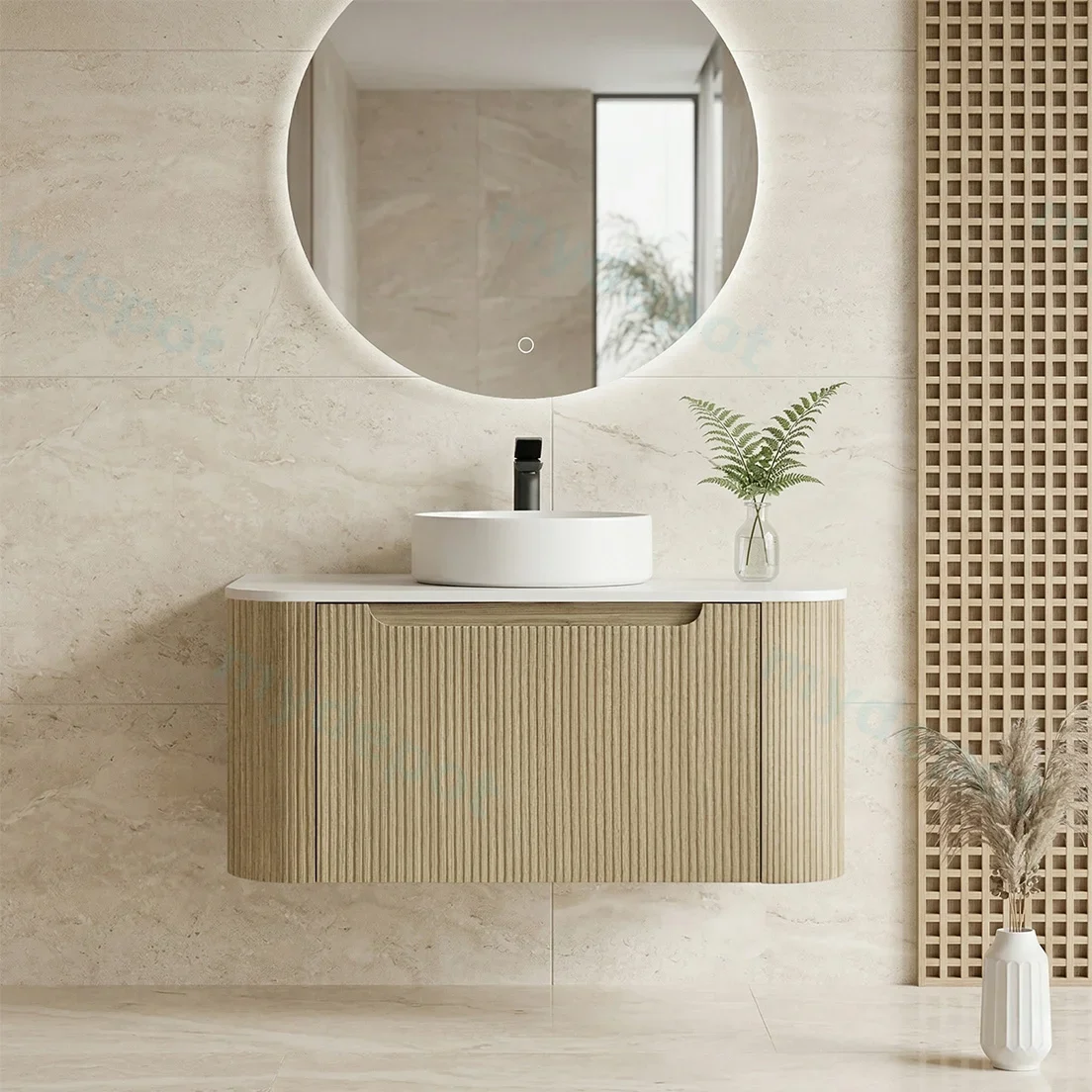 900*460*400mm Bur Oak Round Edge Grooved Wall Hung Vanity Cabinet Only Soft Closed Single Drawer view 2