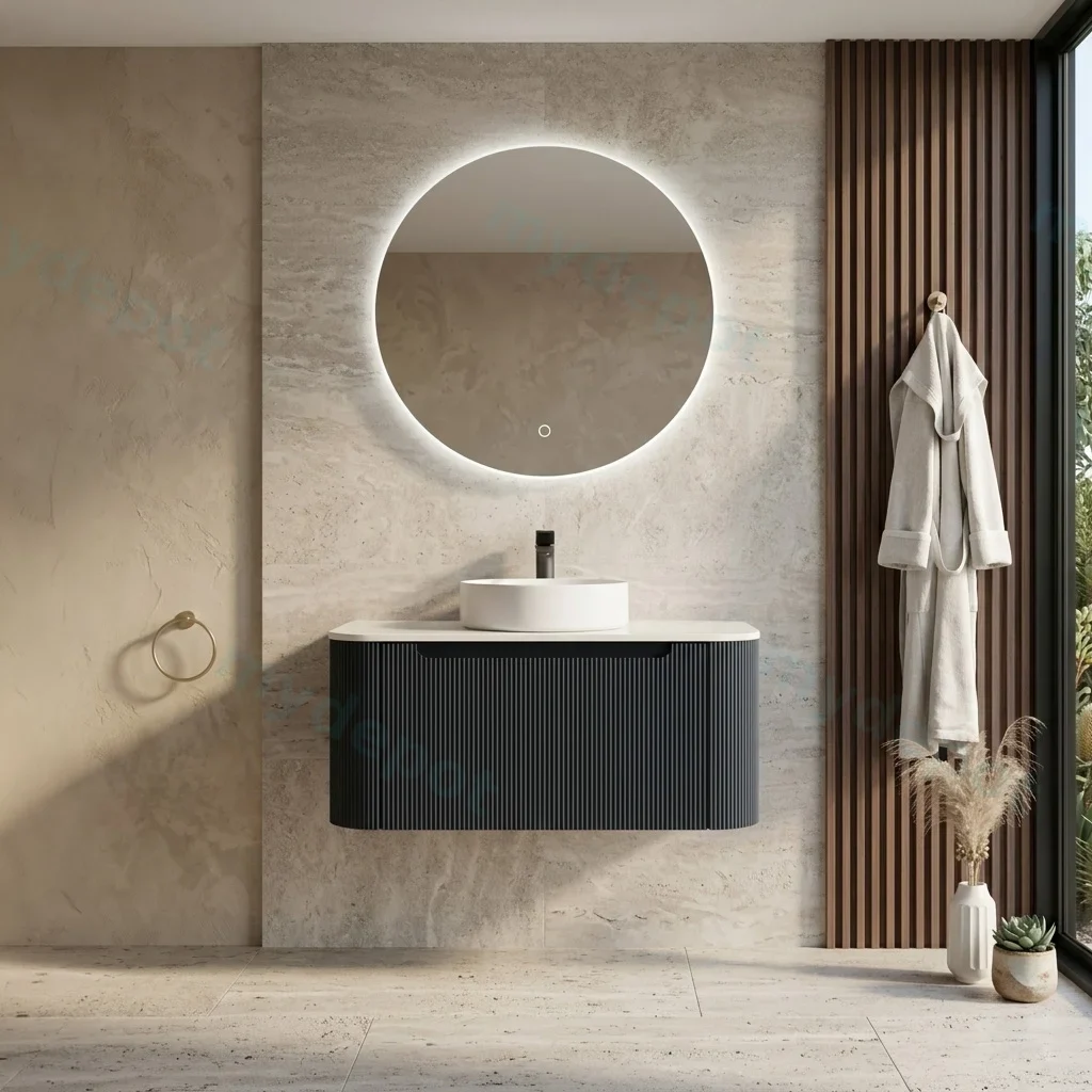 900*460*400mm Matt Black Round Edge Grooved Wall Hung Vanity Cabinet Only Soft Closed Single Drawer view 2