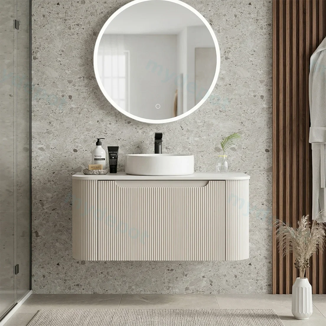 900*460*400mm Matt White Round Edge Grooved Wall Hung Vanity Cabinet Only Soft Closed Single Drawer view 2