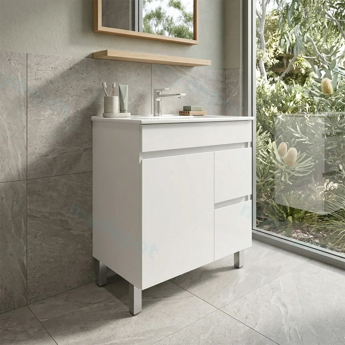750*450*710mm Freestangding Gloss White PVC Vanity Cabinet Only Left Drawer view 2
