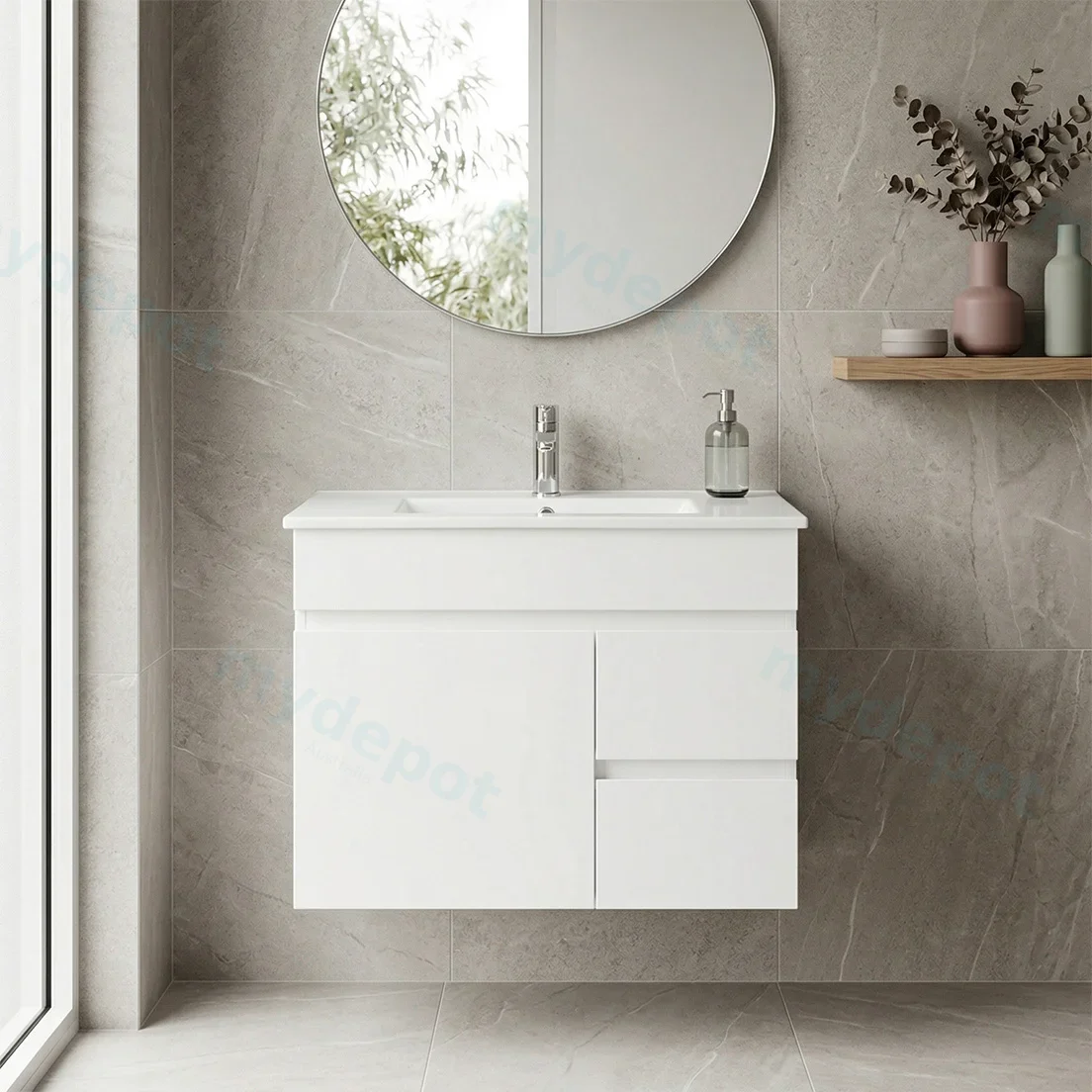 750*450*560mm Wall Hung Gloss White PVC Vanity Cabinet Only Left Drawer view 3