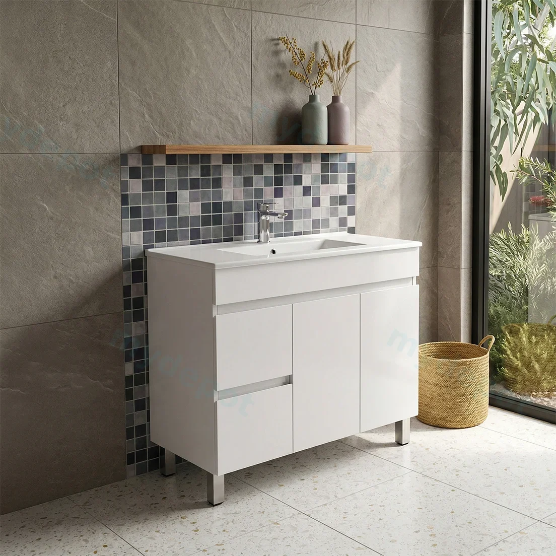 900*450*710mm Freestangding Gloss White PVC Vanity Cabinet Only Left Drawer view 2