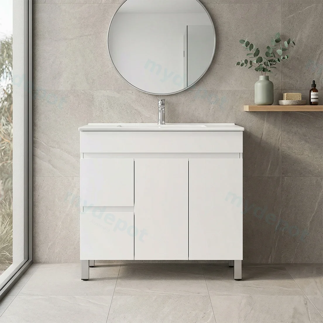 900*450*710mm Freestangding Gloss White PVC Vanity Cabinet Only Left Drawer view 3