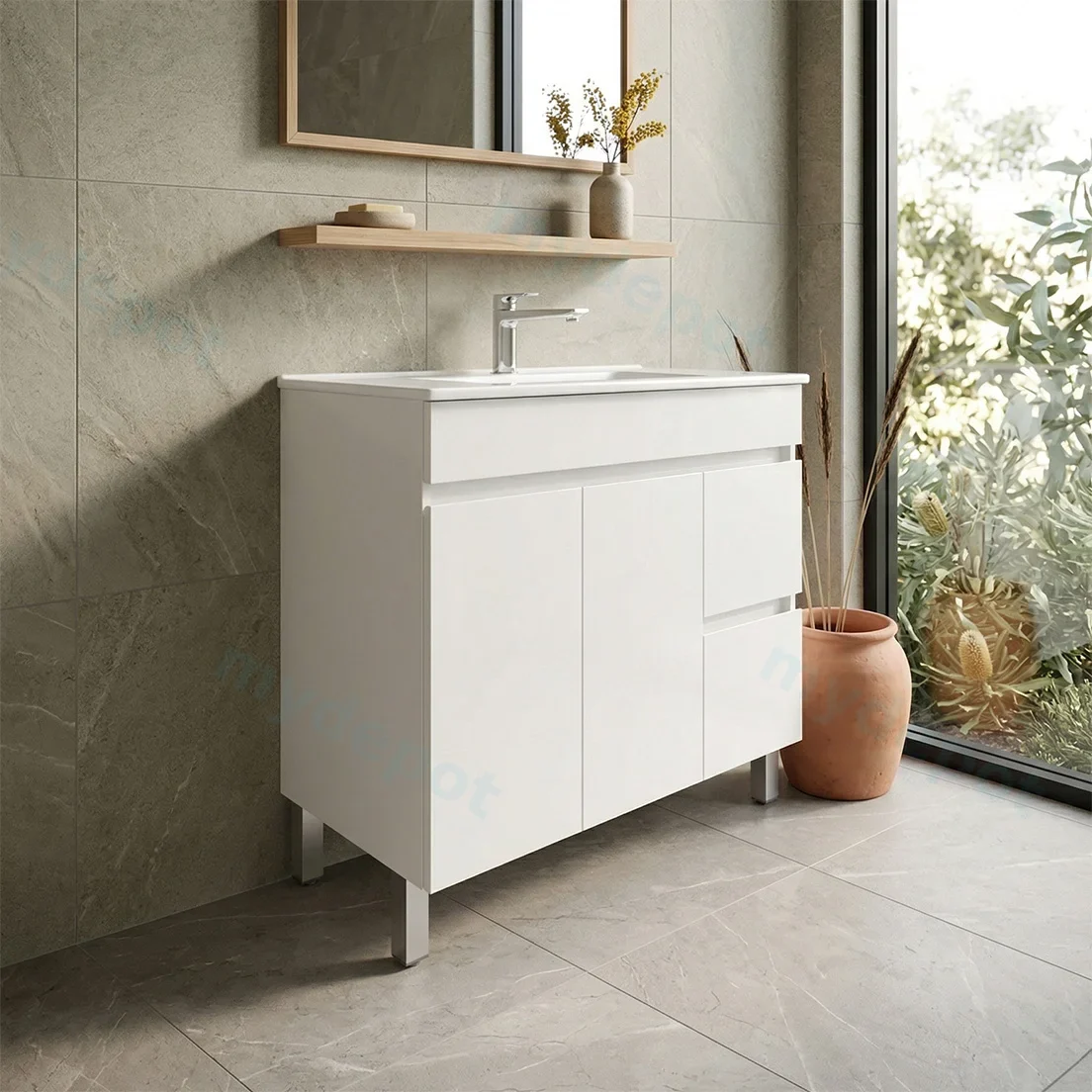 900*450*710mm Freestangding Gloss White PVC Vanity Cabinet Only Left Drawer view 4