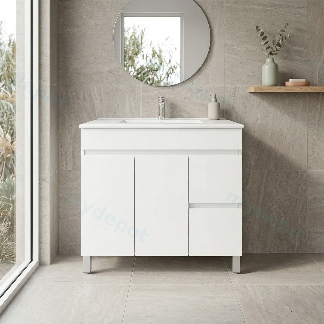 900*450*710mm Freestangding Gloss White PVC Vanity Cabinet Only Left Drawer view 5