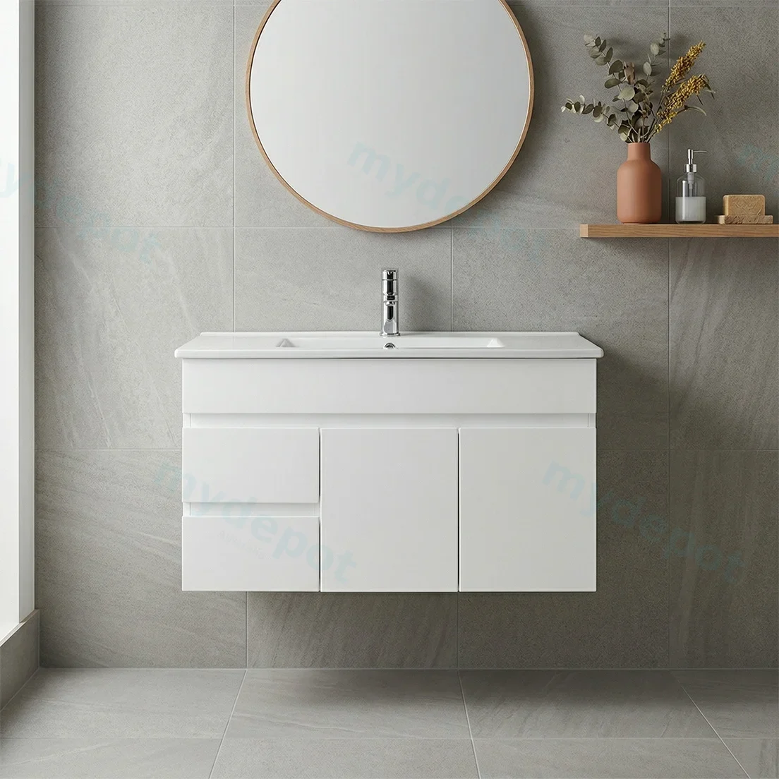 900*450*560mm Wall Hung Gloss White PVC Vanity Cabinet Only Left Drawer view 2