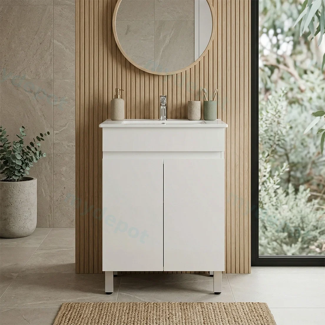 600*350*710mm Freestangding Gloss White Slim PVC Vanity Cabinet Only view 2