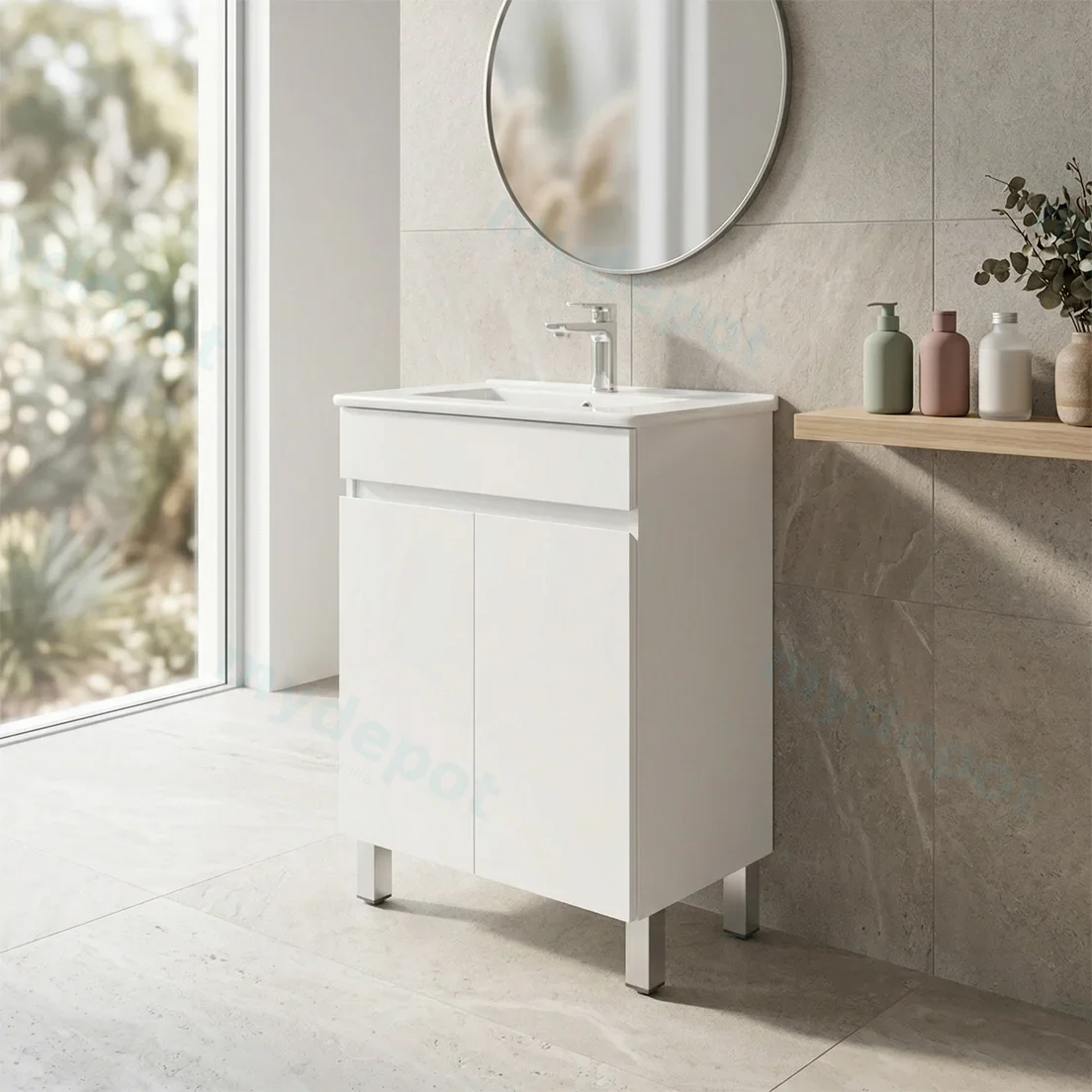 600*350*710mm Freestangding Gloss White Slim PVC Vanity Cabinet Only view 3