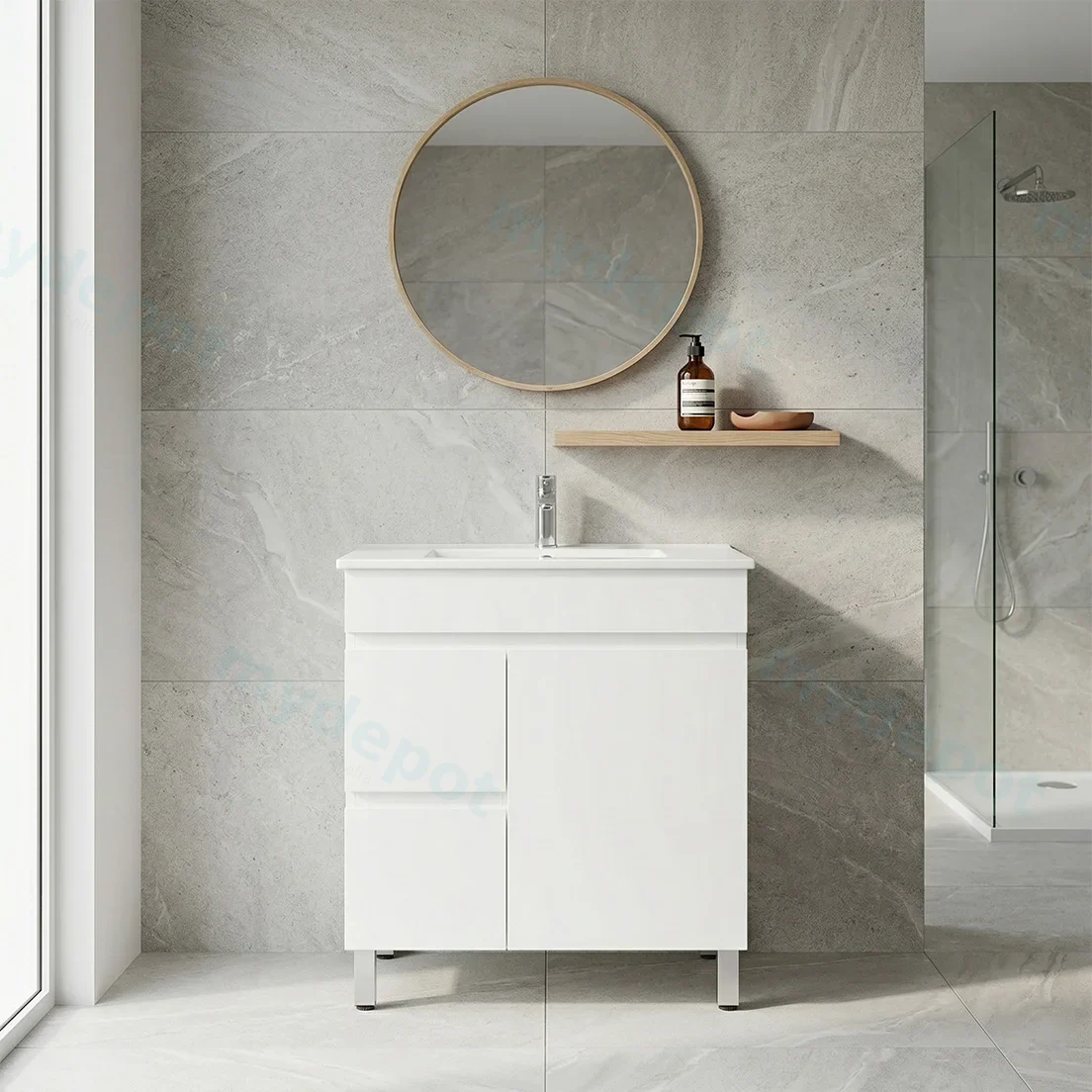 750*350*710mm Freestangding Gloss White Slim PVC Vanity Cabinet Only Left Drawer view 2