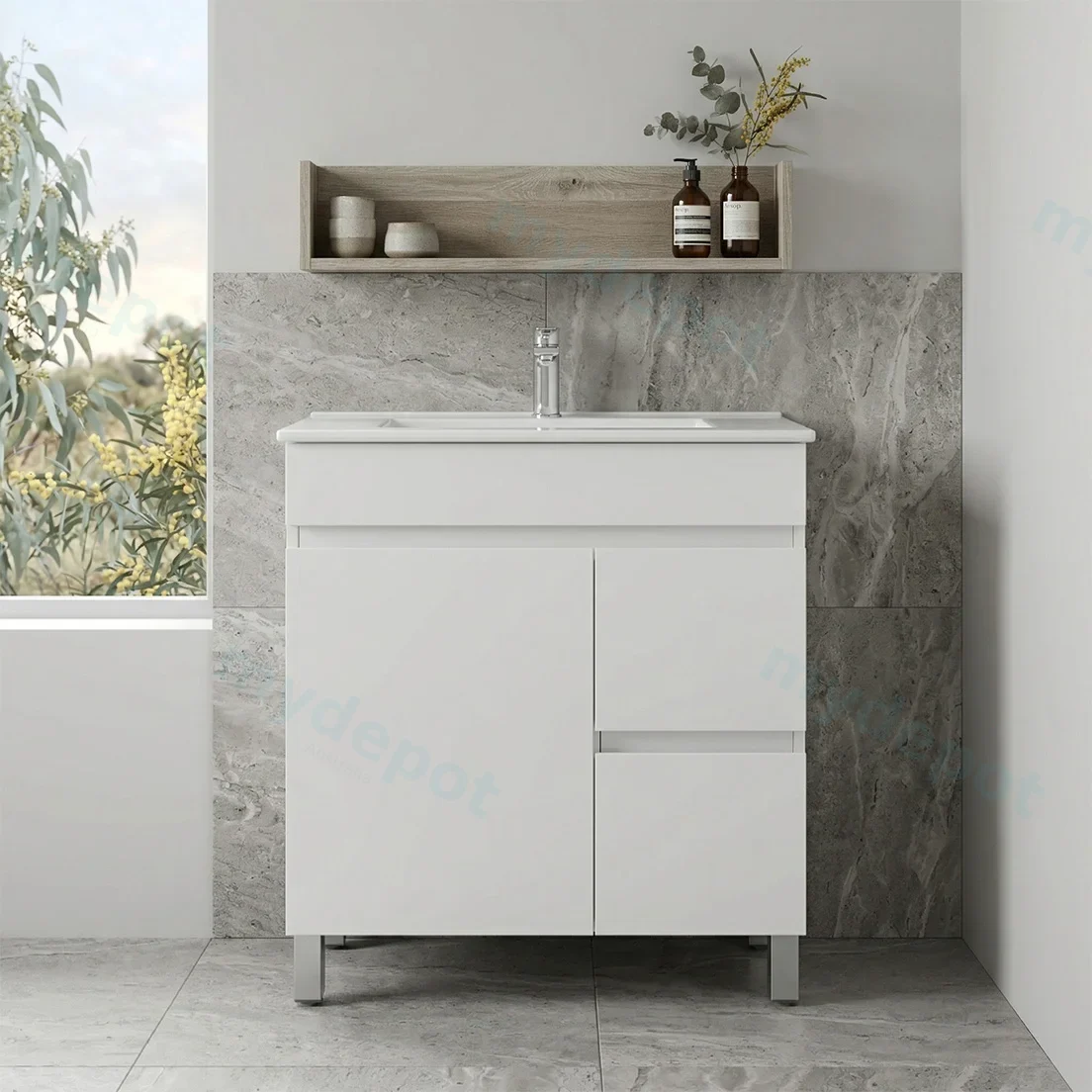 750*350*710mm Freestangding Gloss White Slim PVC Vanity Cabinet Only Right Drawer view 2