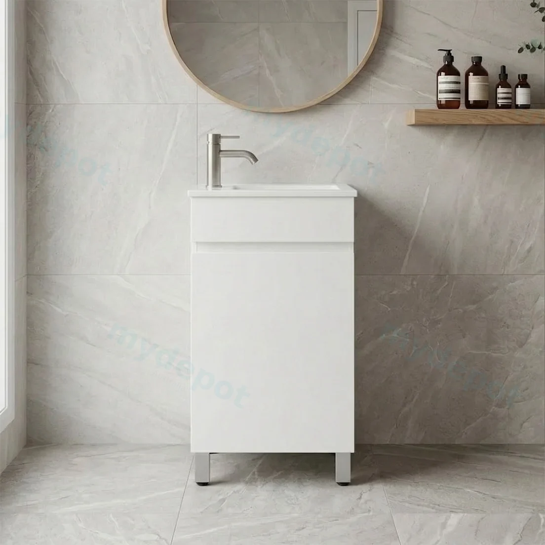 400*210*835mm Freestanding Gloss White Slim PVC Vanity With Ceramic Top view 2