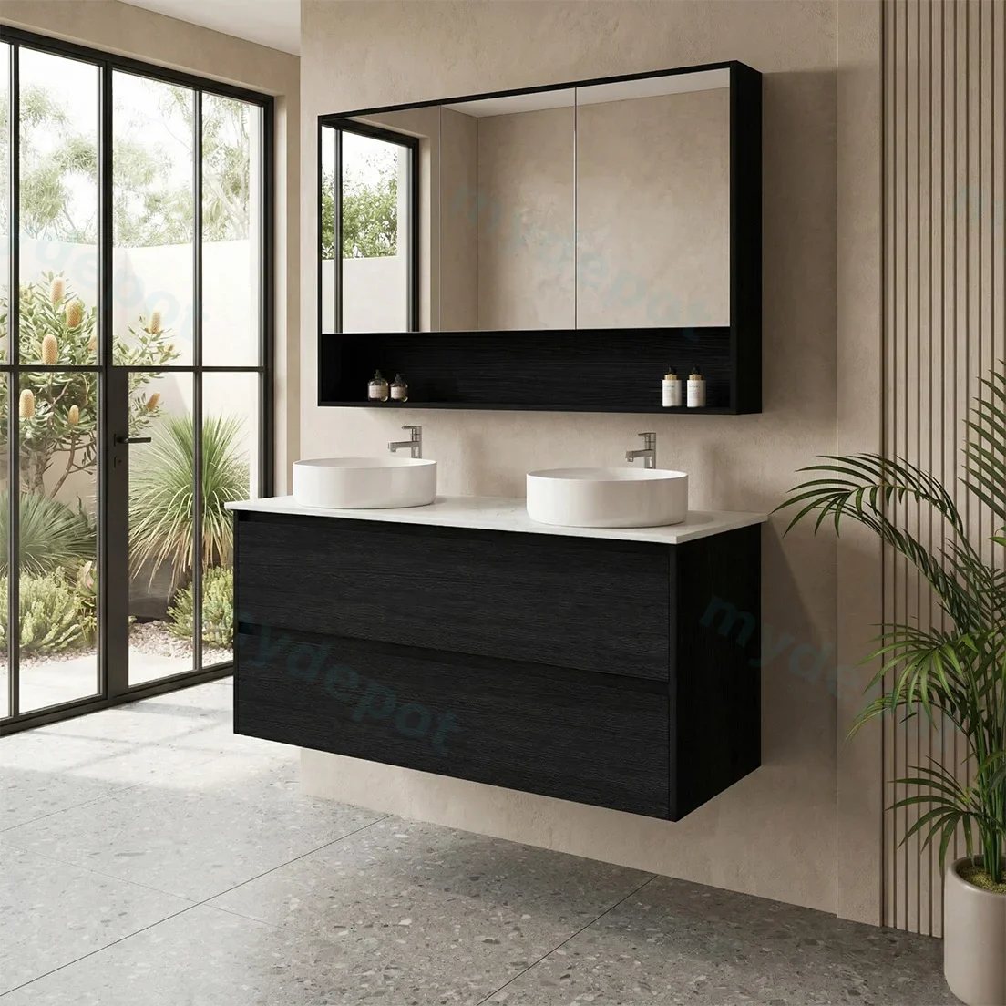 1200x460x560mm Hera Black Oak Wall Hung MDF Vanity Cabinet Only Two Soft Closing Drawers view 2