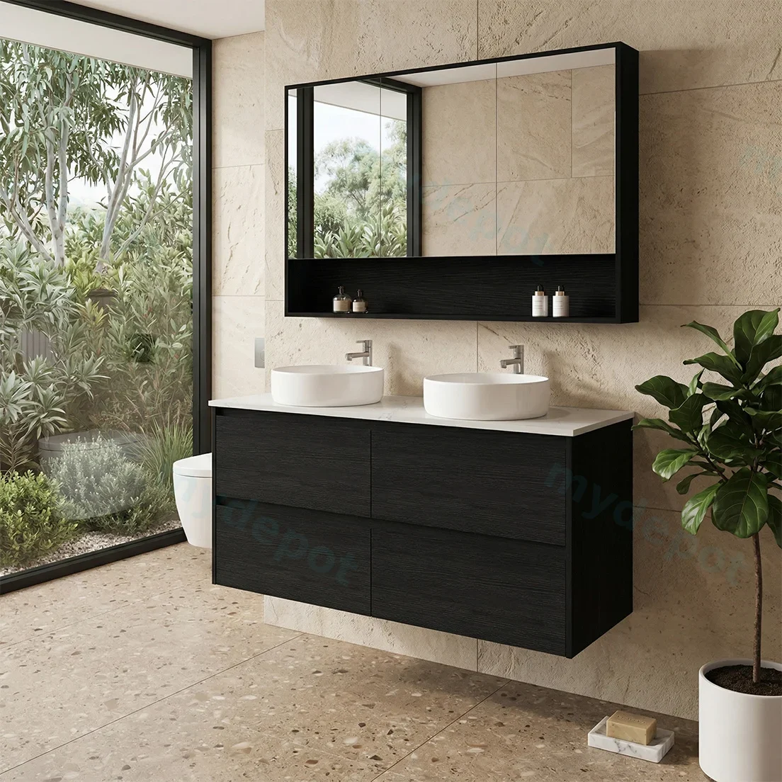1500x460x560mm Hera Black Oak Wall Hung MDF Vanity Cabinet Only Four Soft Closing Drawers view 2