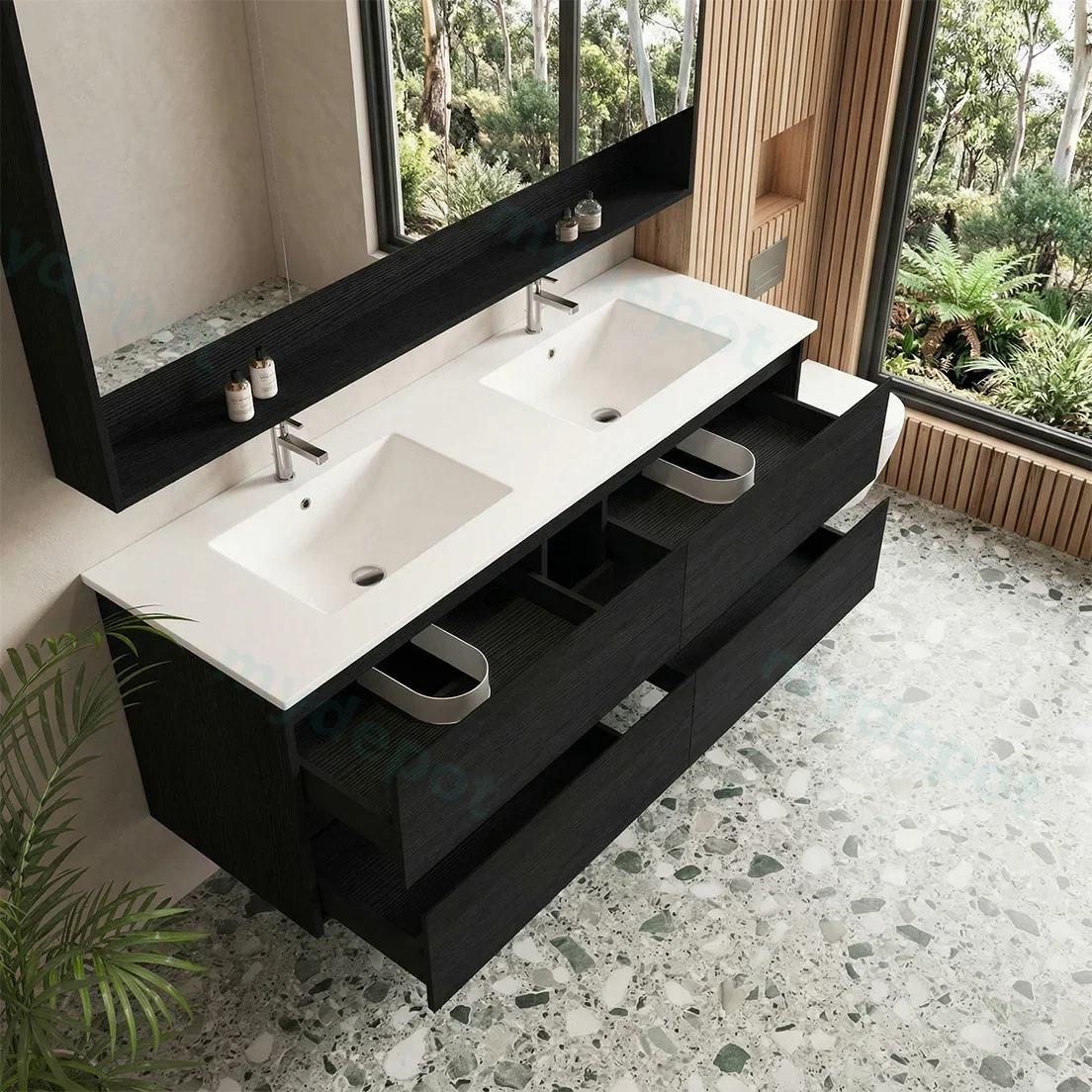 1500x460x560mm Hera Black Oak Wall Hung MDF Vanity Cabinet Only Four Soft Closing Drawers view 3