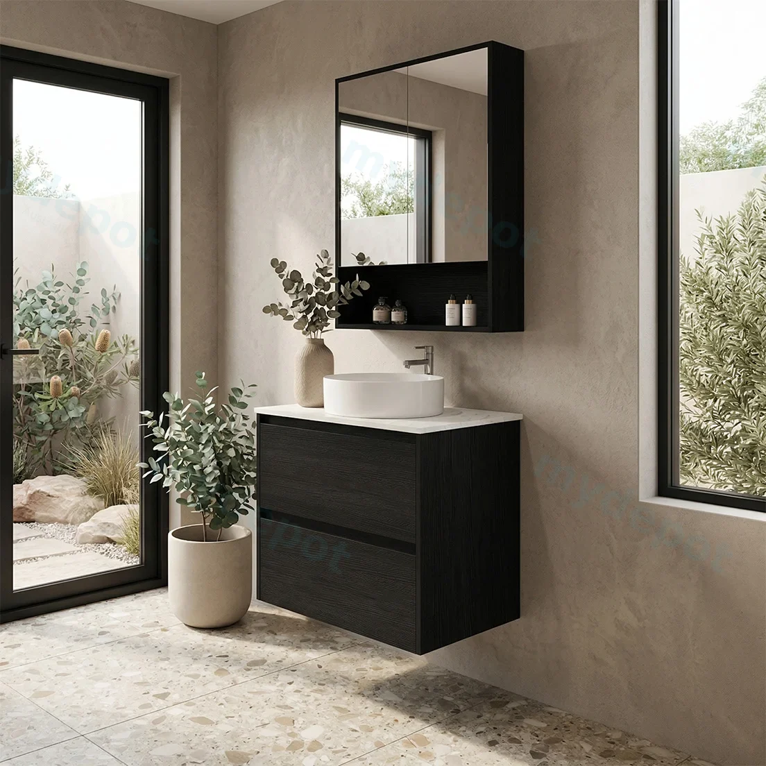 600x460x560mm Hera Black Oak Wall Hung MDF Vanity Cabinet Only Two Soft Closing Drawers view 2