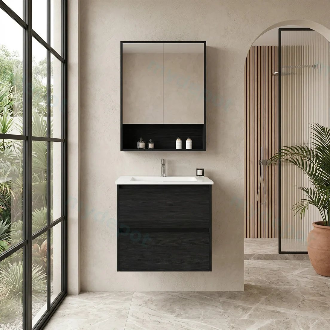 600x460x560mm Hera Black Oak Wall Hung MDF Vanity Cabinet Only Two Soft Closing Drawers view 3