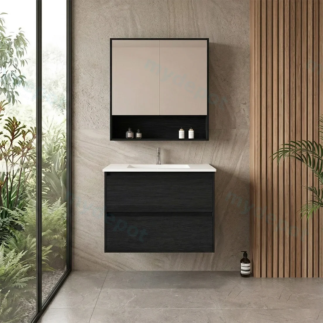 750x460x560mm Hera Black Oak Wall Hung MDF Vanity Cabinet Only Two Soft Closing Drawers view 3