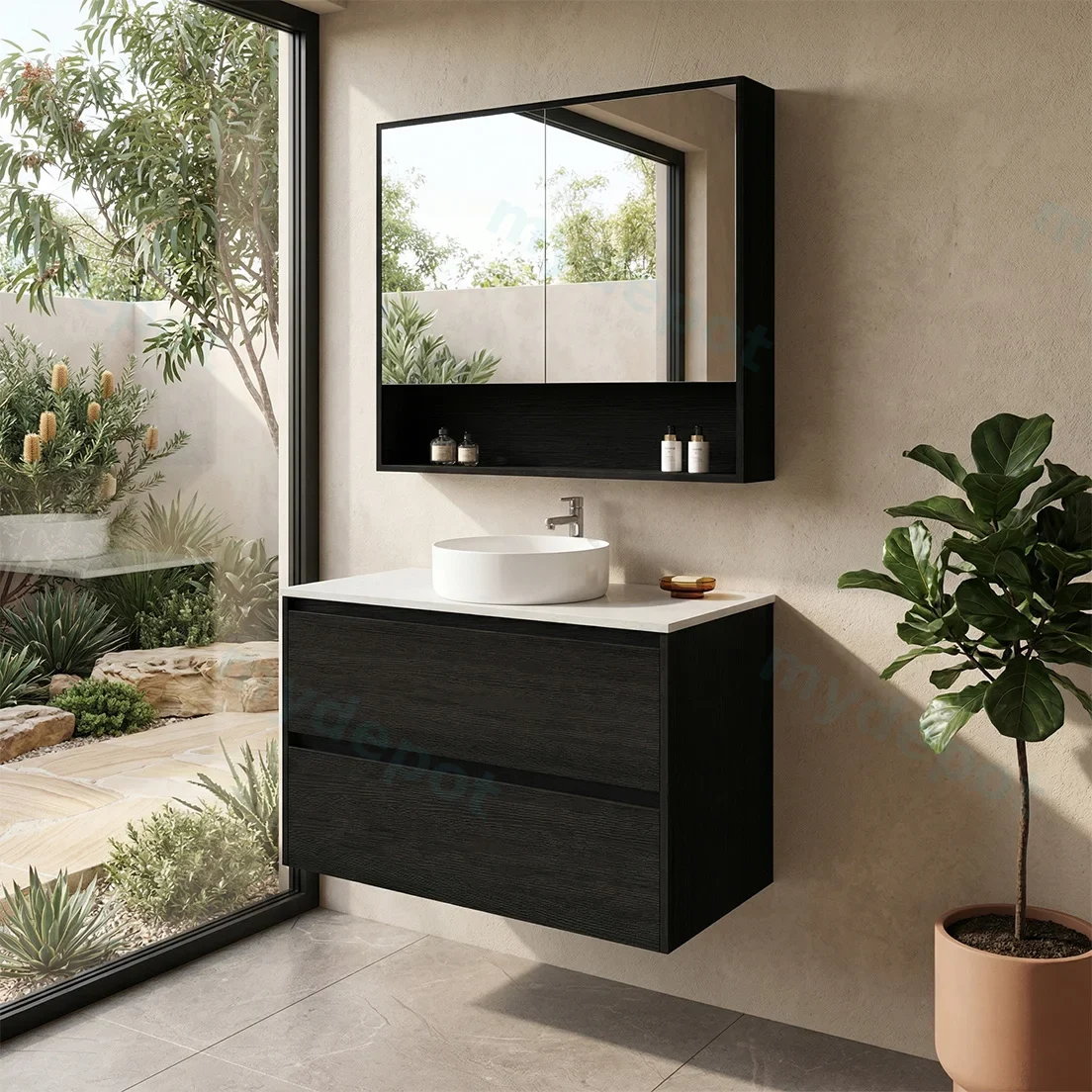 90x460x560mm Hera Black Oak Wall Hung MDF Vanity Cabinet Only Two Soft Closing Drawers view 2